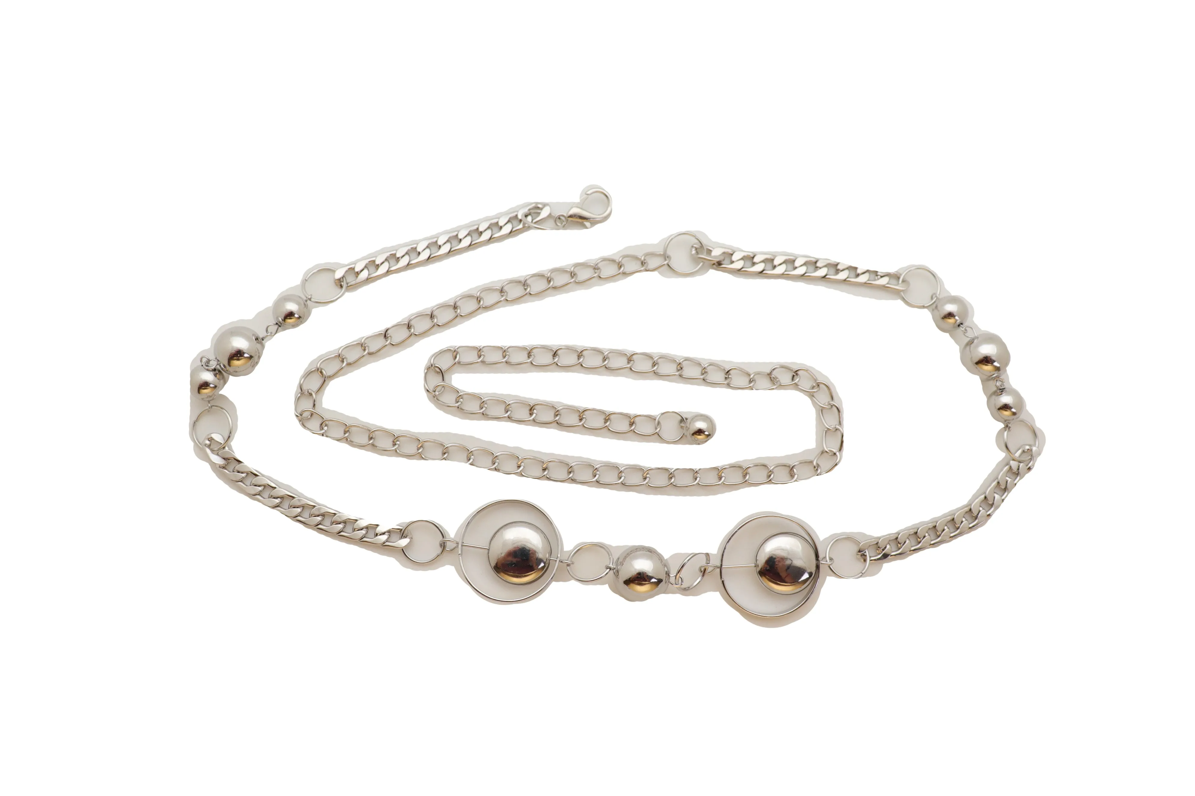 Silver Metal Chain Links Waistband Fashion Belt Circle Round Charms S M L