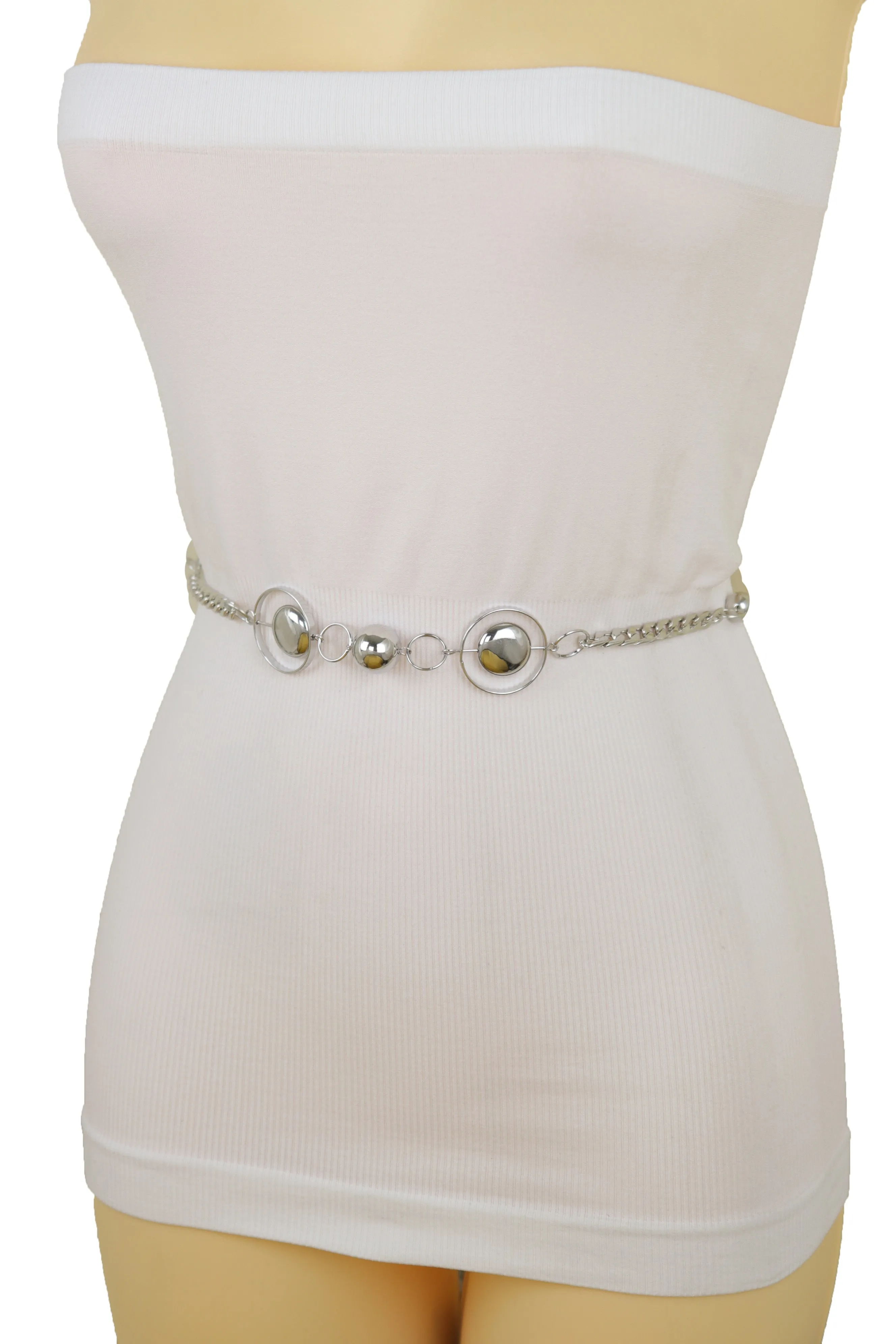 Silver Metal Chain Links Waistband Fashion Belt Circle Round Charms S M L