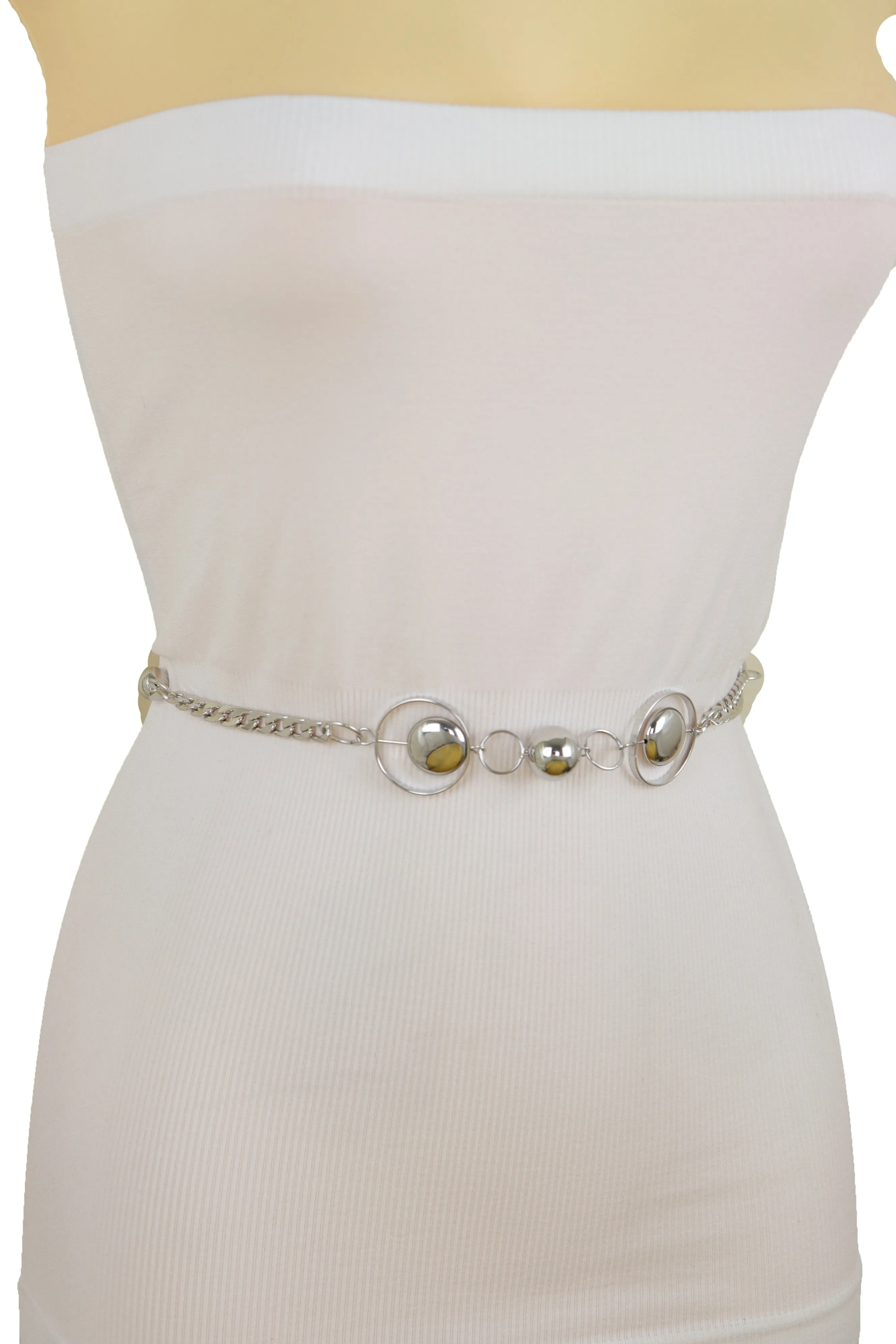 Silver Metal Chain Links Waistband Fashion Belt Circle Round Charms S M L