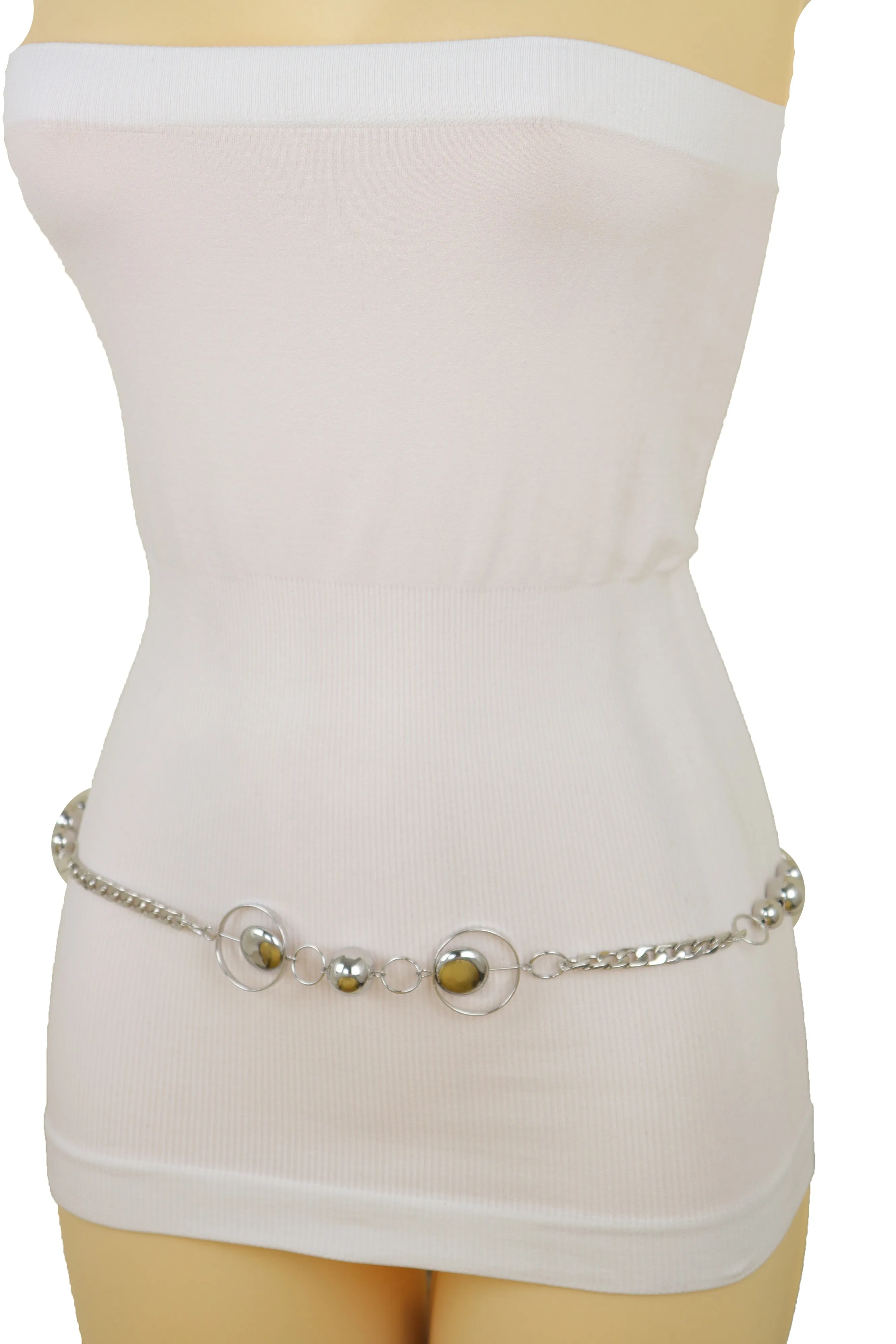 Silver Metal Chain Links Waistband Fashion Belt Circle Round Charms S M L