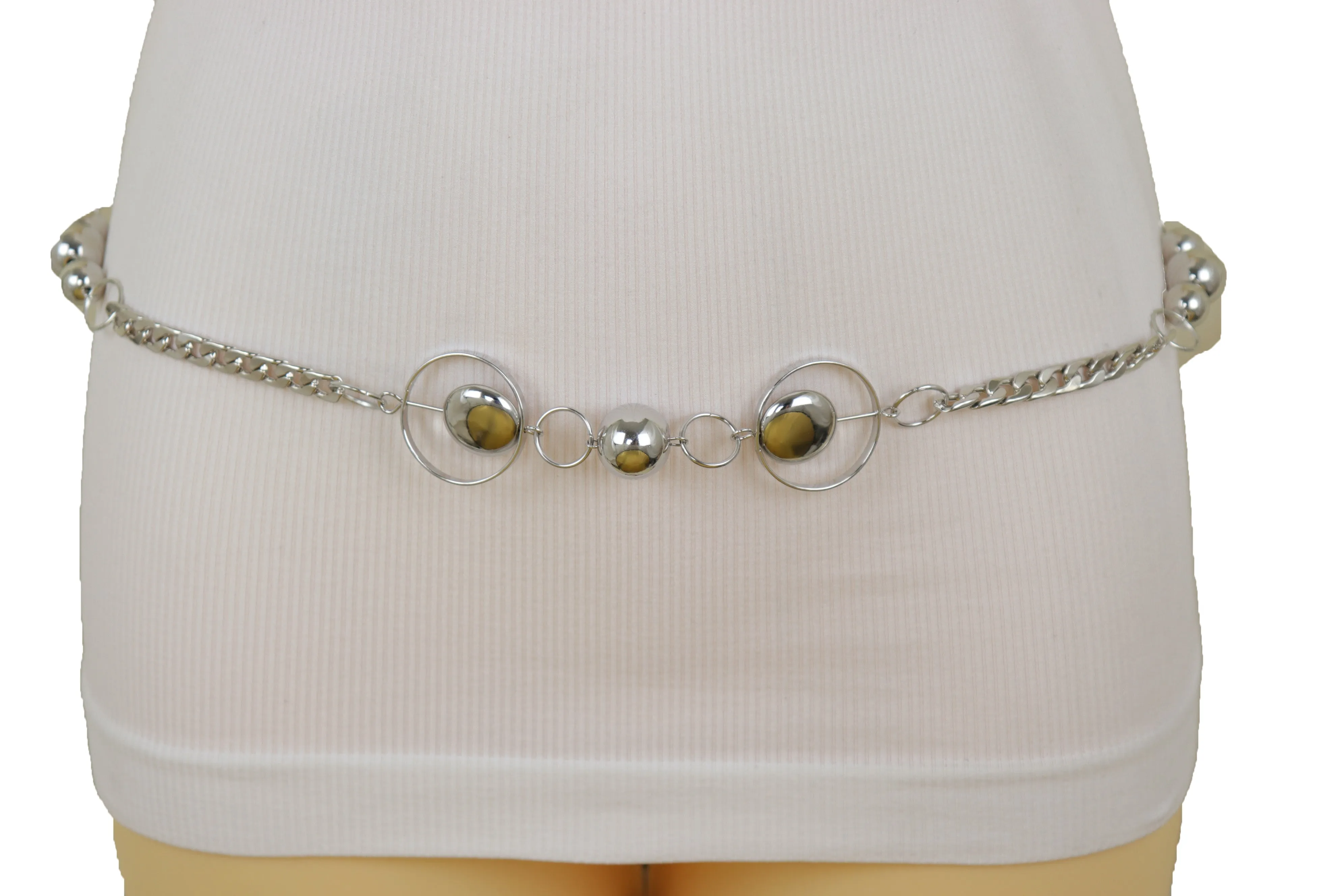 Silver Metal Chain Links Waistband Fashion Belt Circle Round Charms S M L