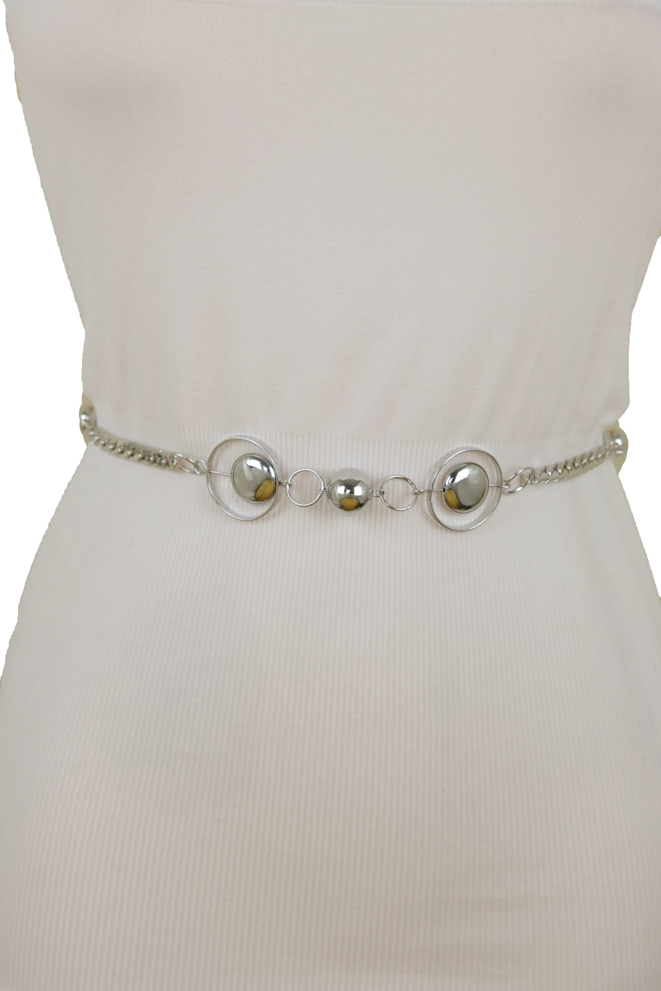 Silver Metal Chain Links Waistband Fashion Belt Circle Round Charms S M L