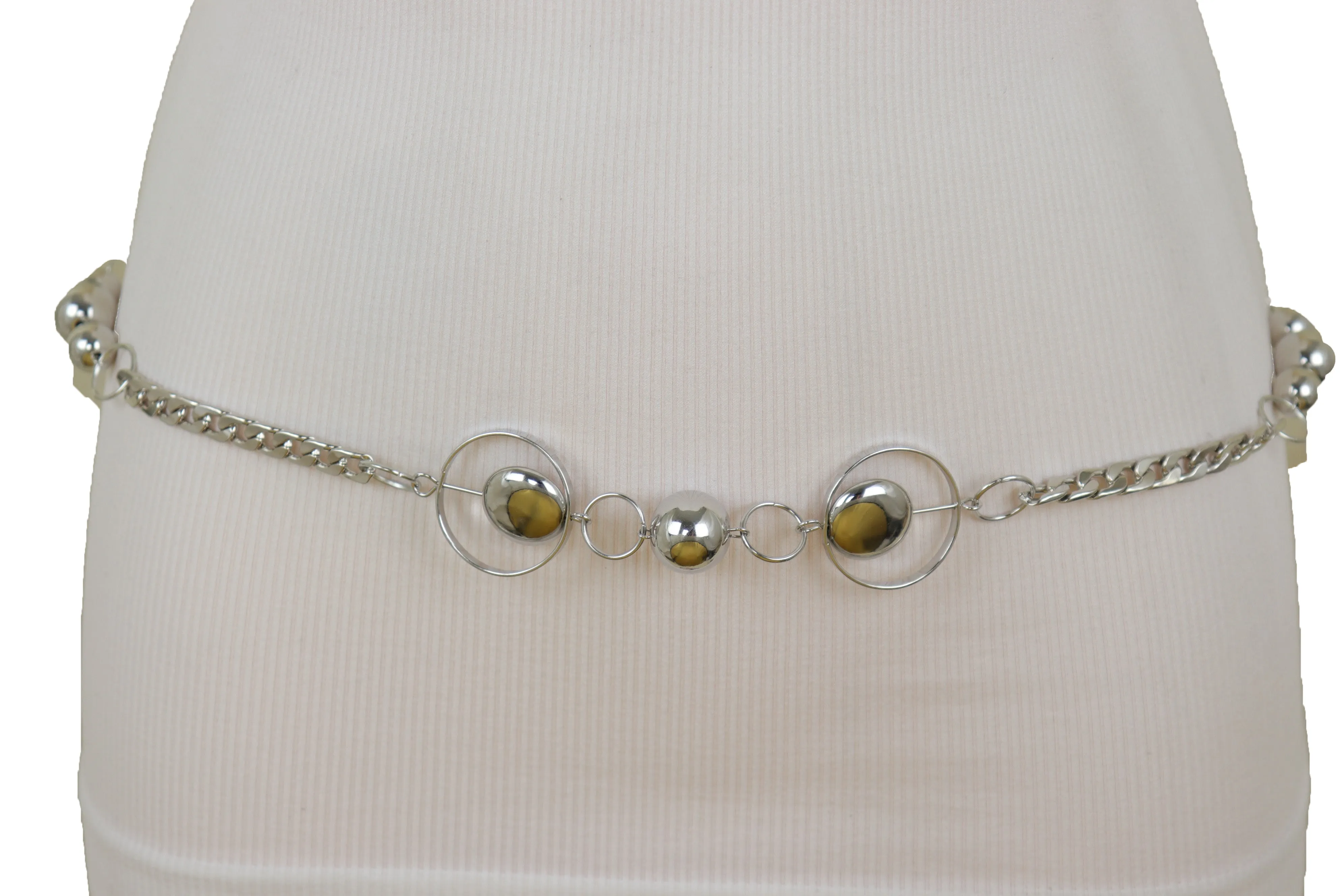 Silver Metal Chain Links Waistband Fashion Belt Circle Round Charms S M L