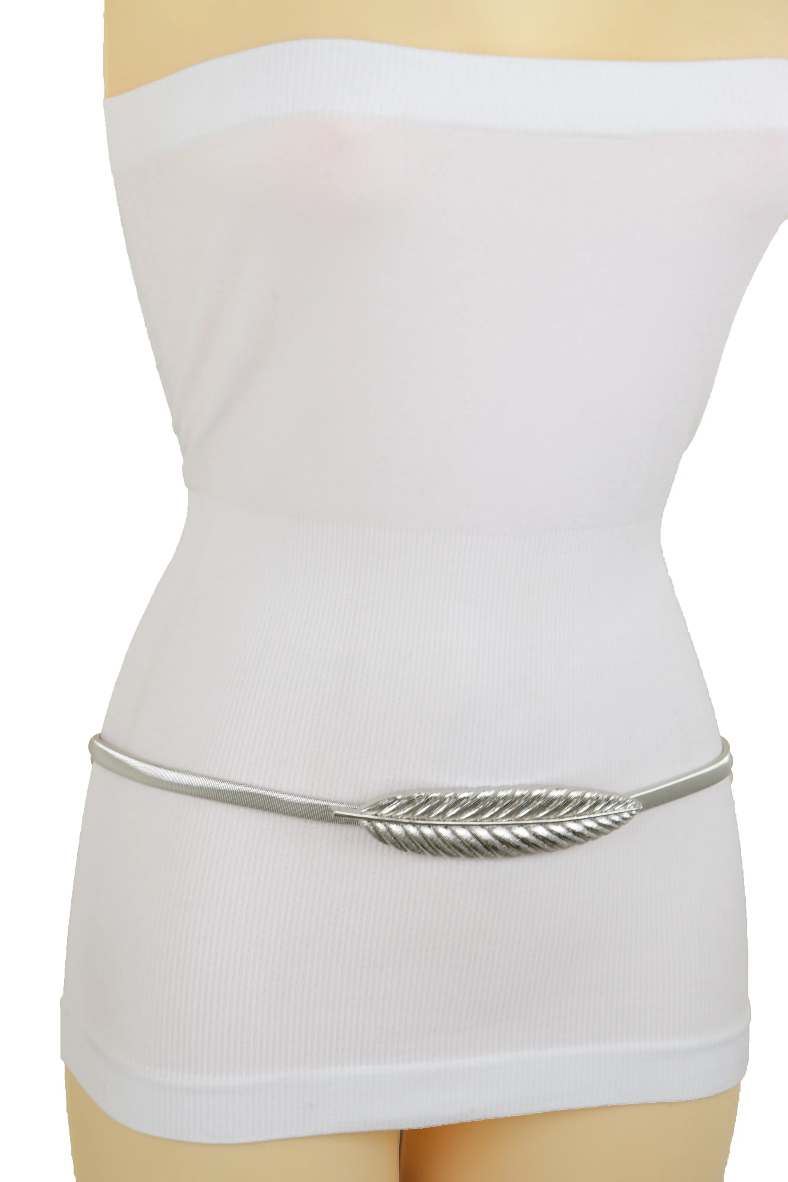 Silver Metal Leaf Elastic Waistband Fashion Belt Hip High Waist Size S M L