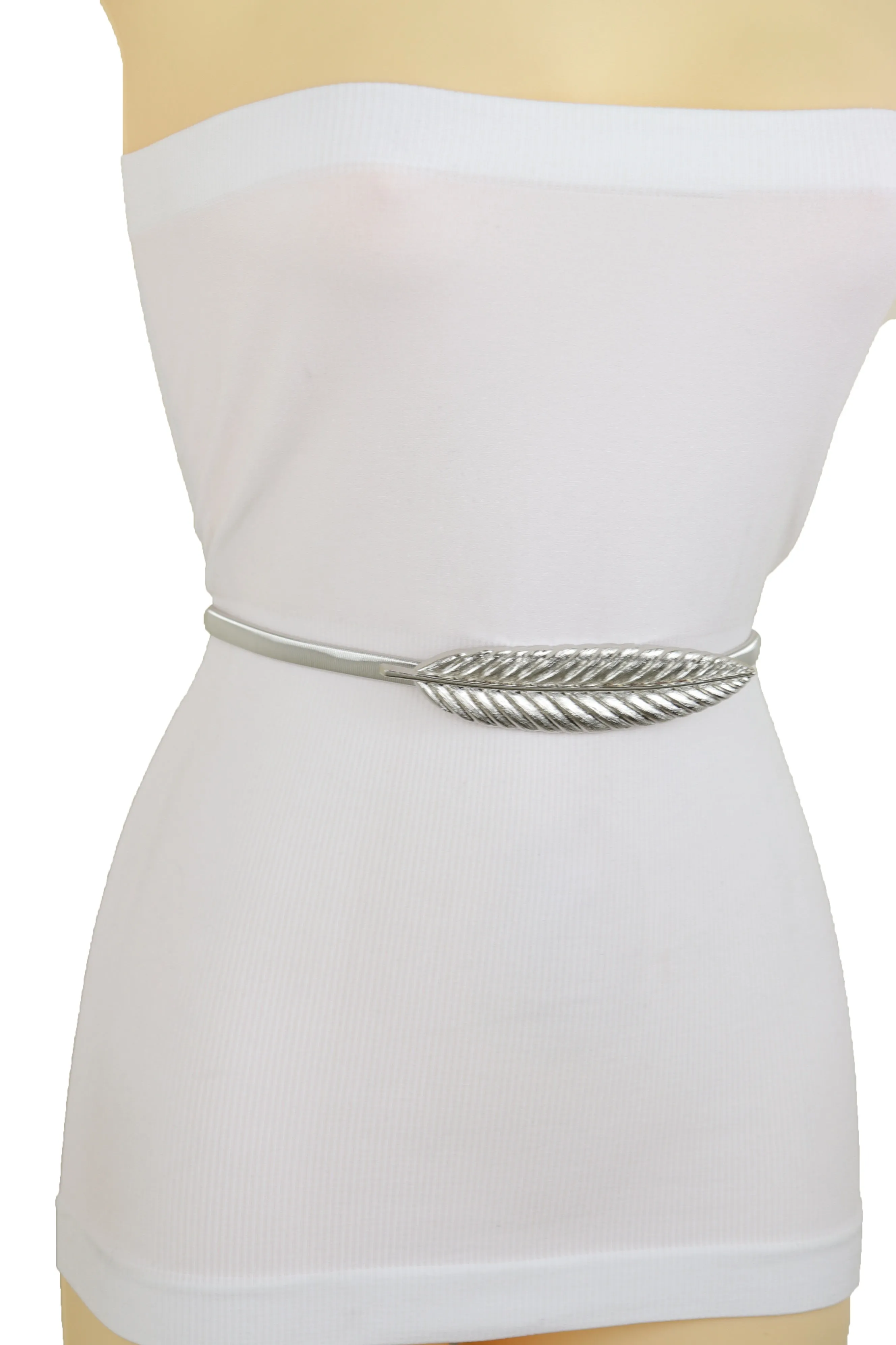 Silver Metal Leaf Elastic Waistband Fashion Belt Hip High Waist Size S M L