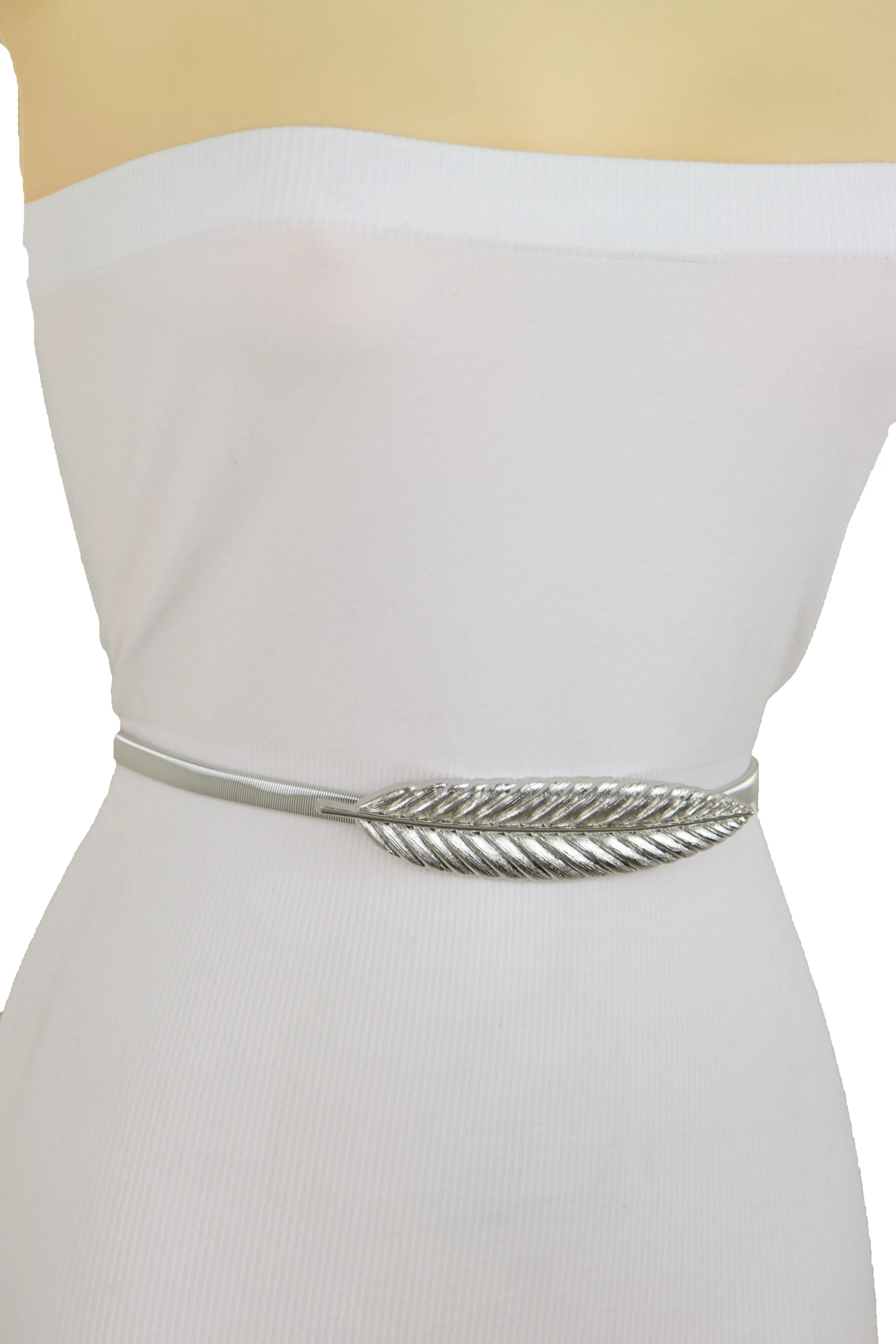 Silver Metal Leaf Elastic Waistband Fashion Belt Hip High Waist Size S M L