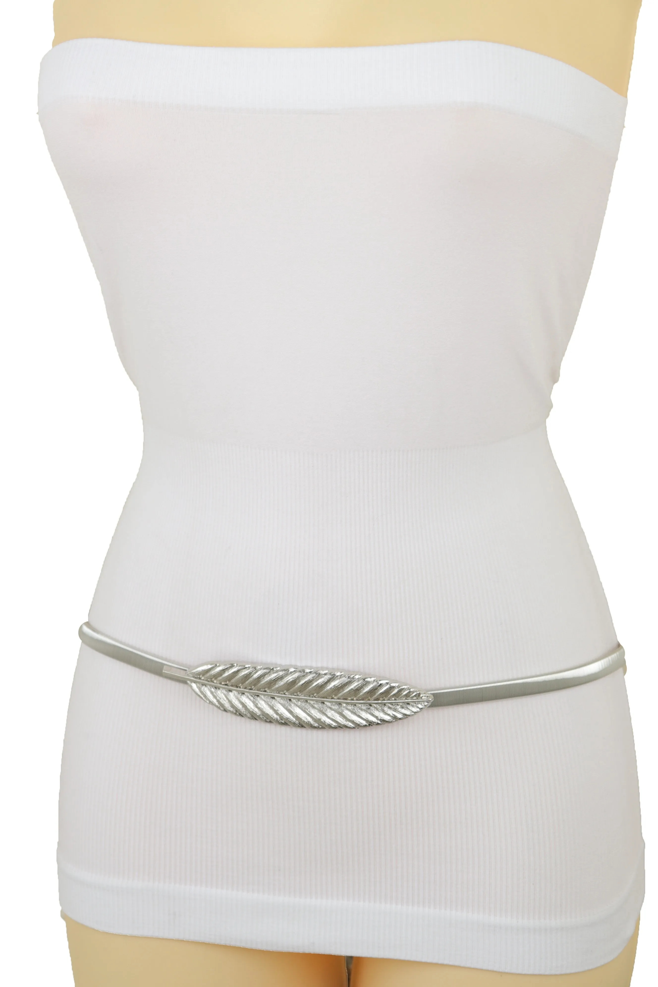 Silver Metal Leaf Elastic Waistband Fashion Belt Hip High Waist Size S M L