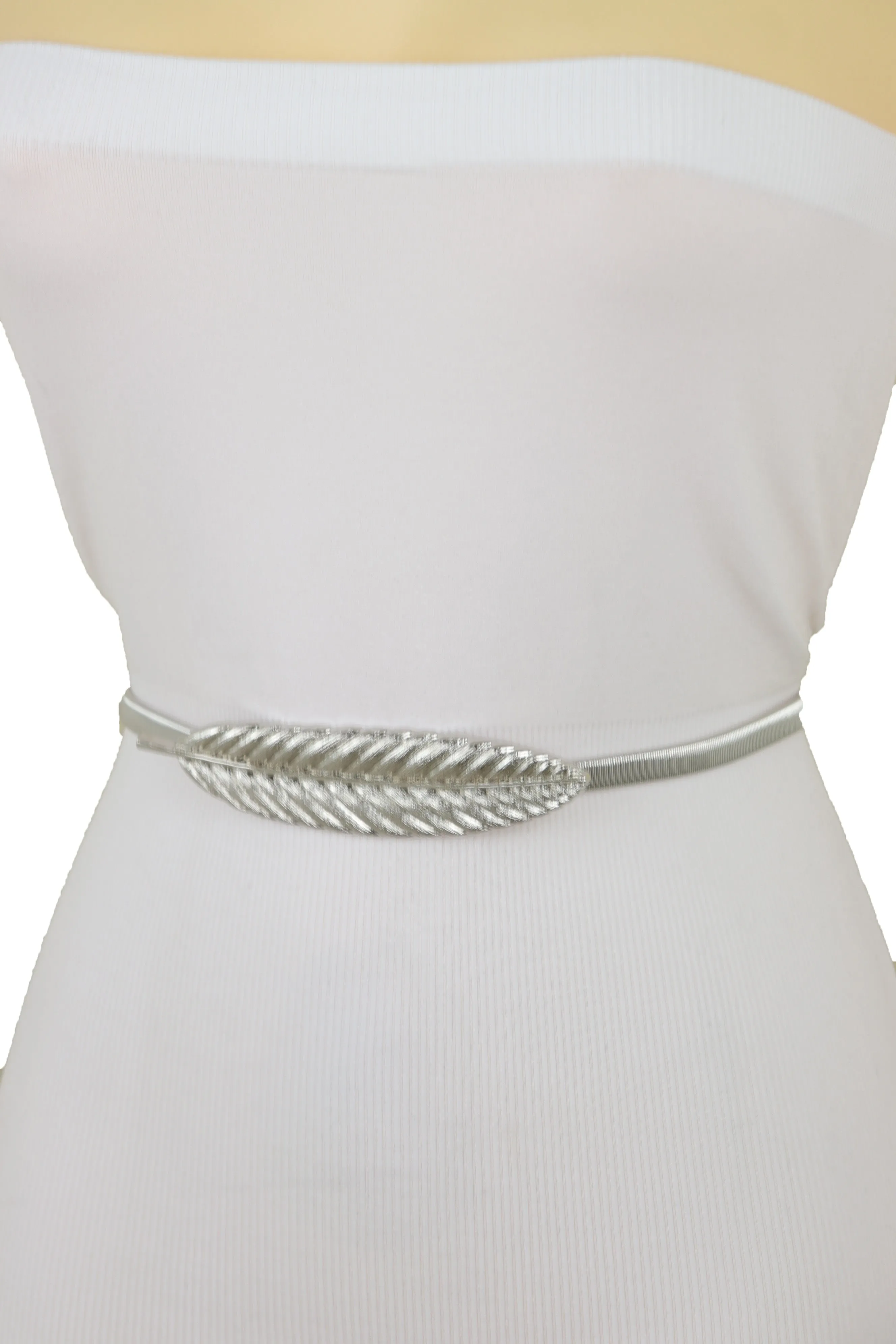 Silver Metal Leaf Elastic Waistband Fashion Belt Hip High Waist Size S M L