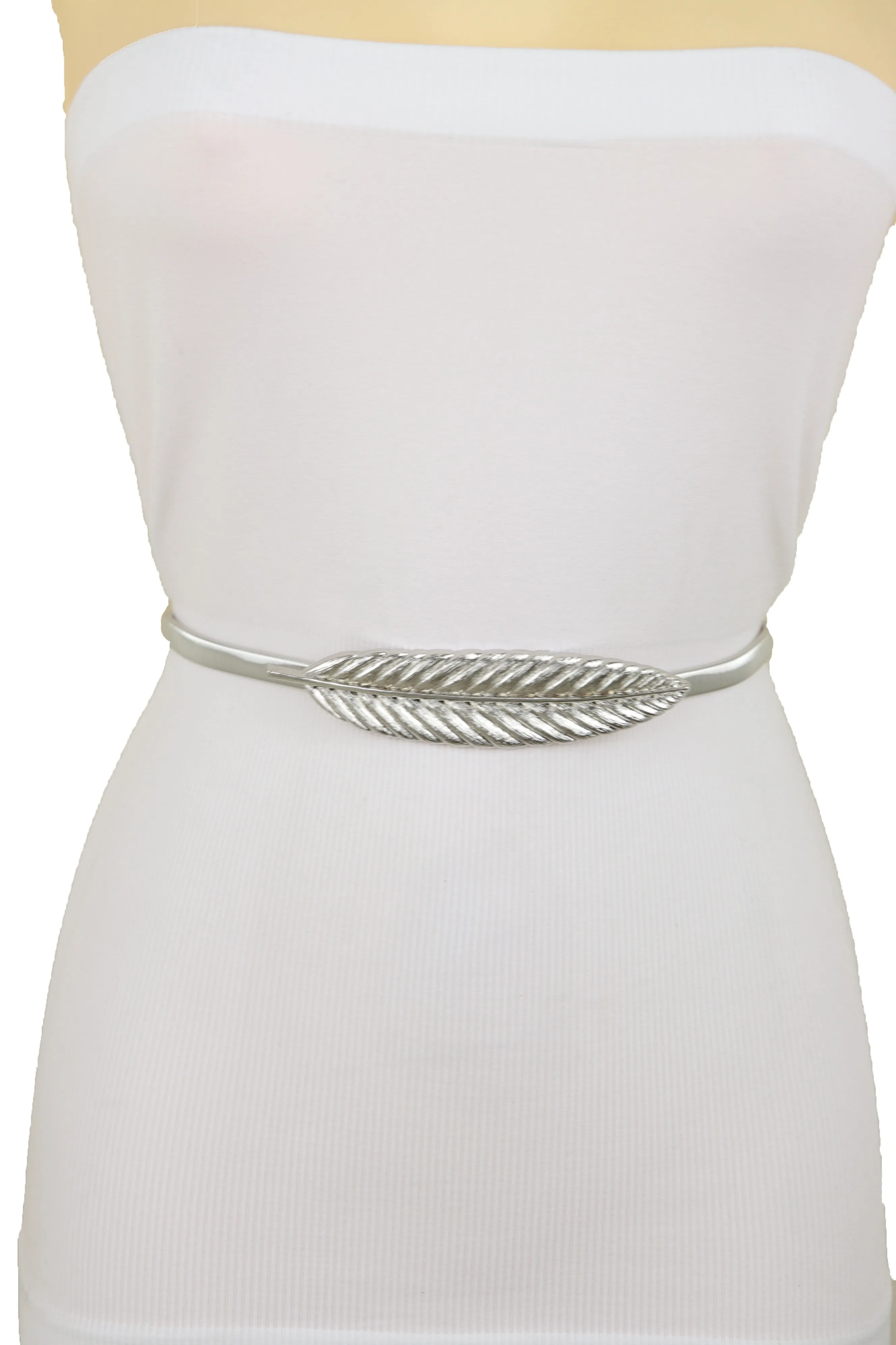Silver Metal Leaf Elastic Waistband Fashion Belt Hip High Waist Size S M L