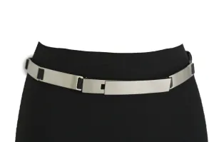 Silver Metal Multi Plates Hip Waist Narrow Skinny Belt Long Buckle S M
