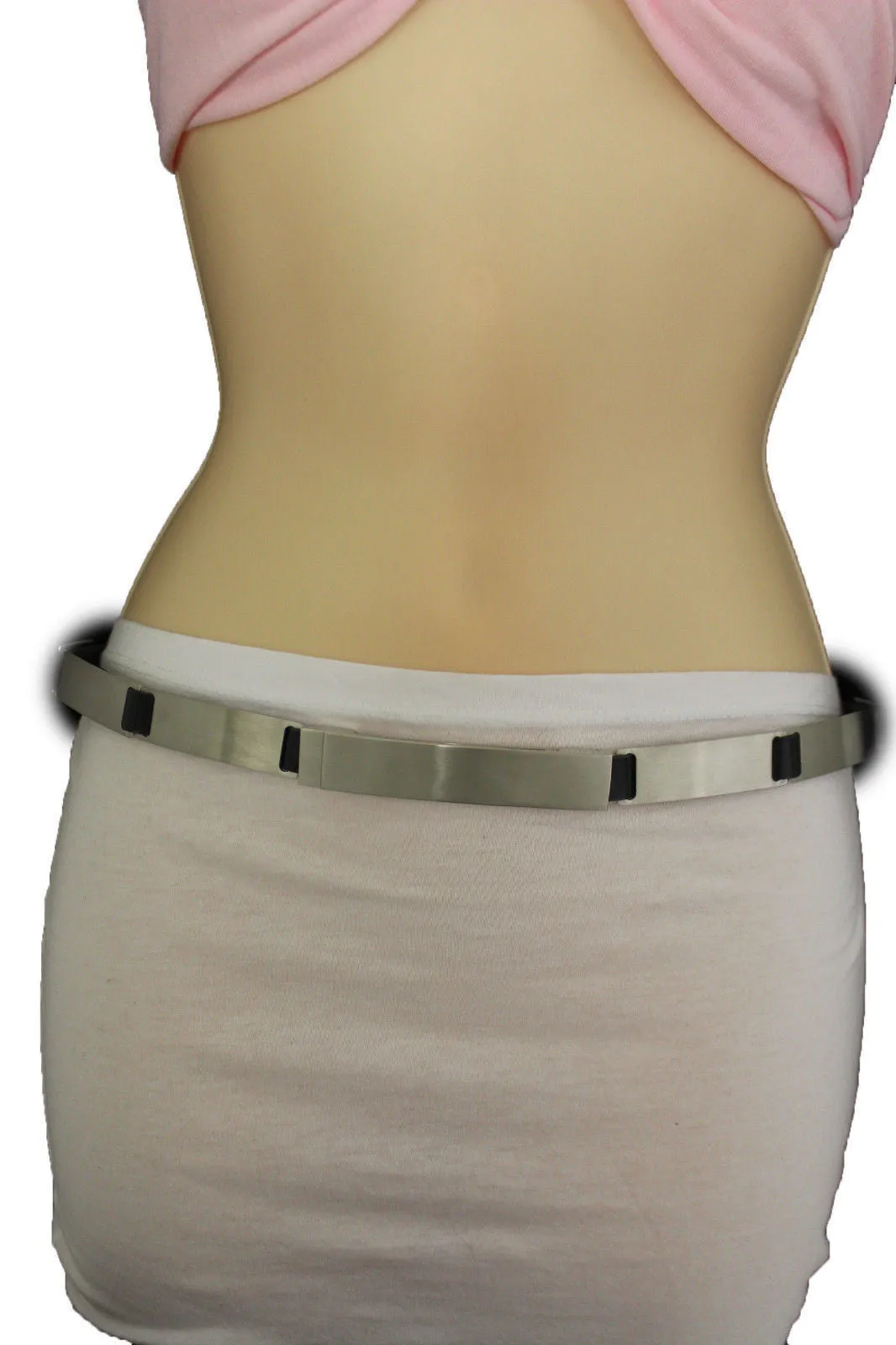 Silver Metal Multi Plates Hip Waist Narrow Skinny Belt Long Buckle S M