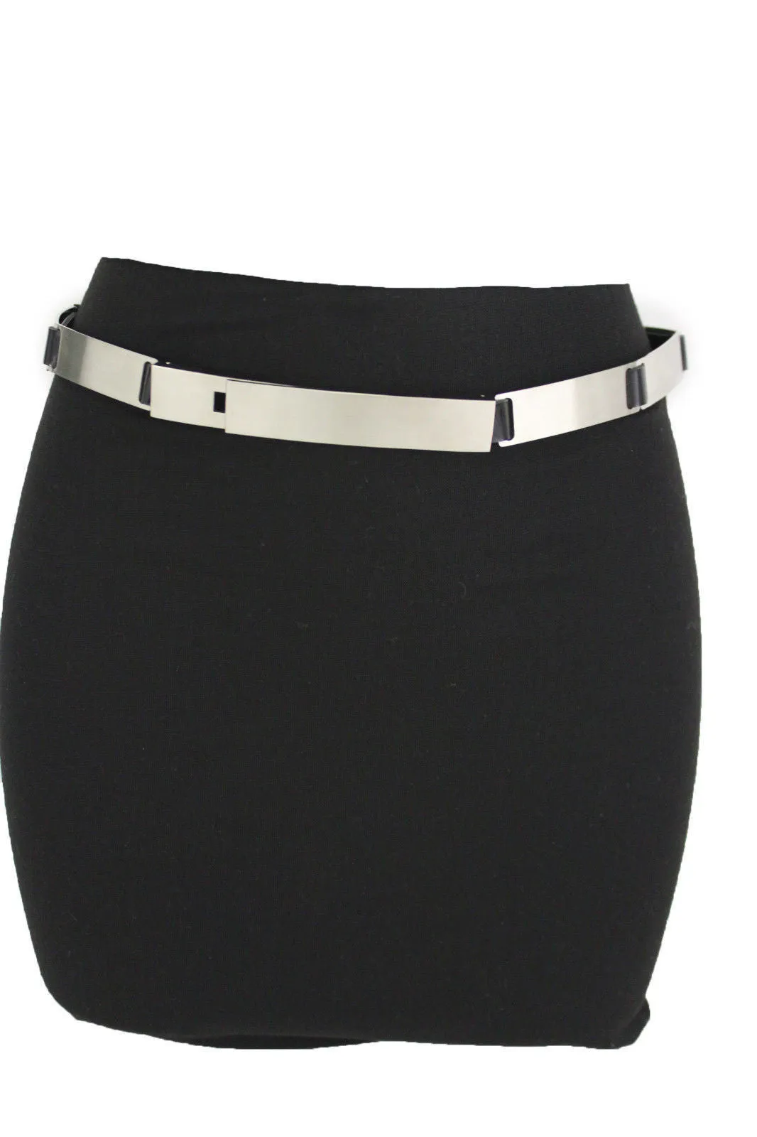 Silver Metal Multi Plates Hip Waist Narrow Skinny Belt Long Buckle S M