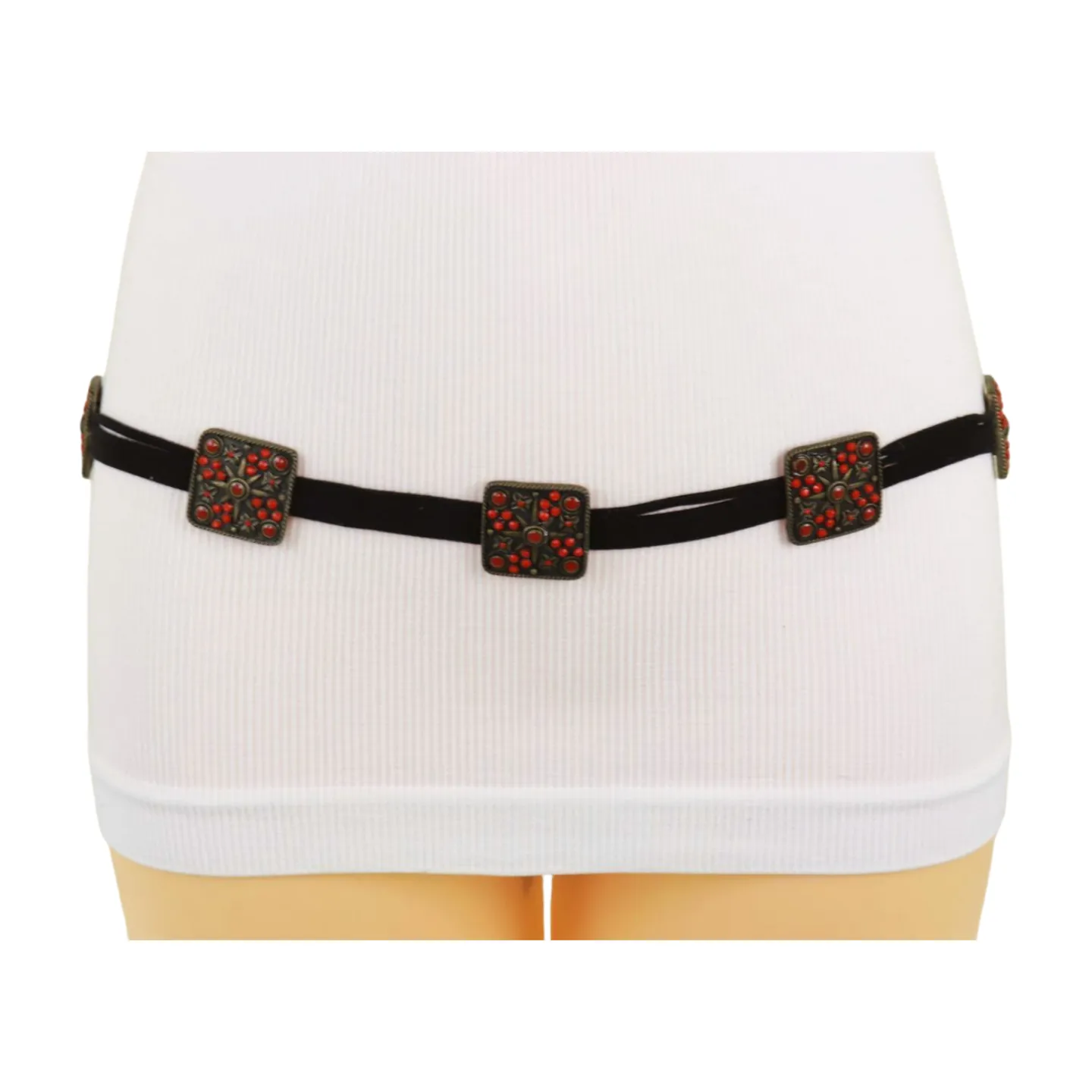 Silver Metal Square Charms Black Tie Belt Red Beads Flower S M