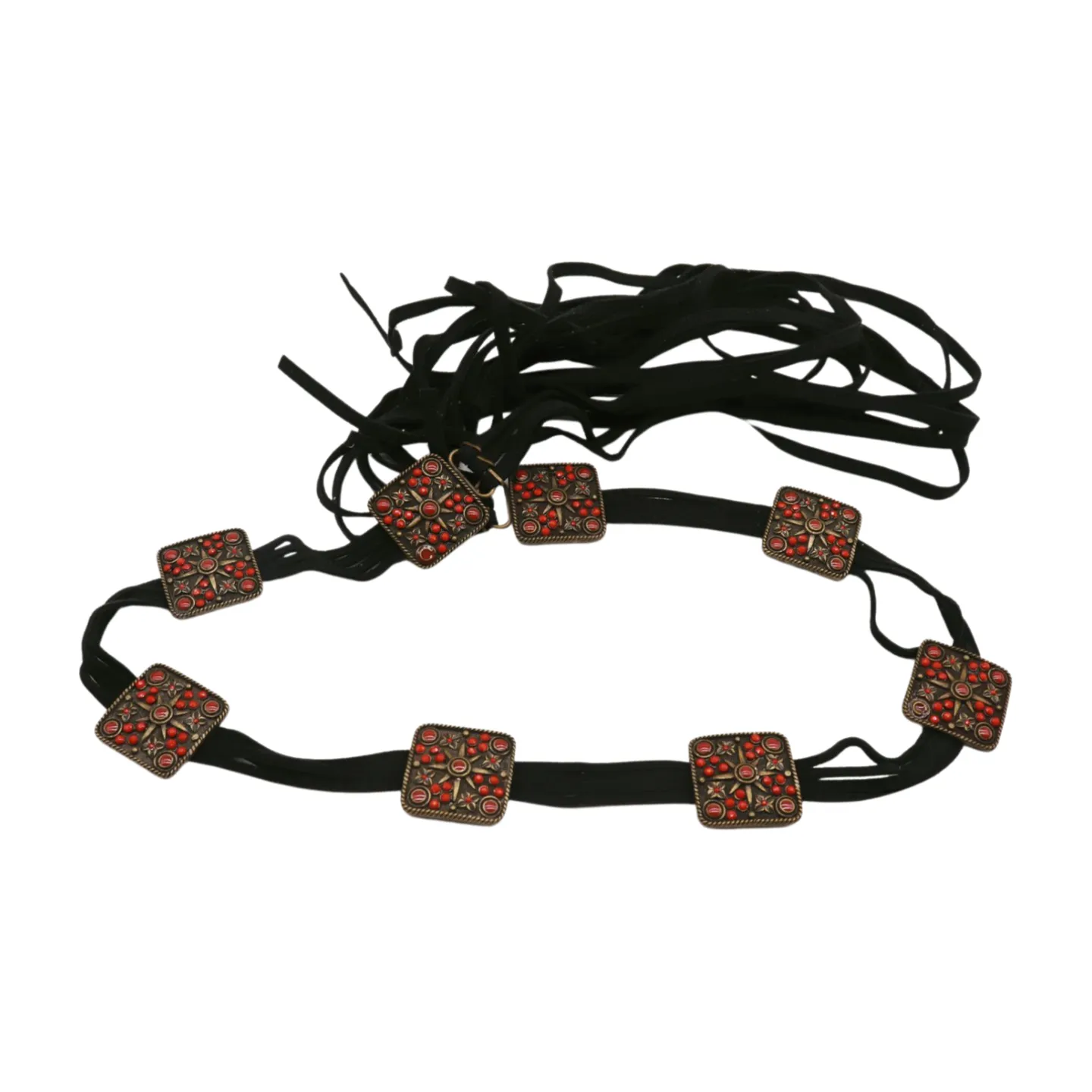 Silver Metal Square Charms Black Tie Belt Red Beads Flower S M