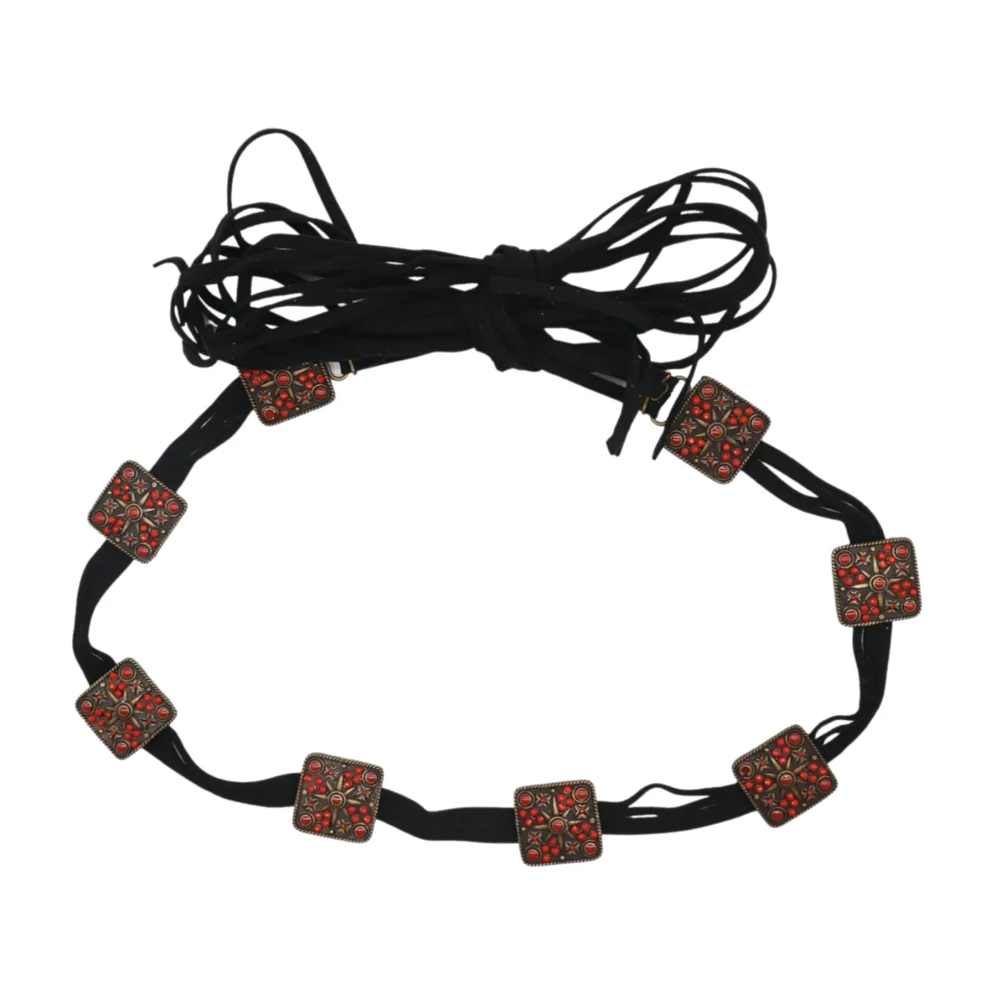 Silver Metal Square Charms Black Tie Belt Red Beads Flower S M