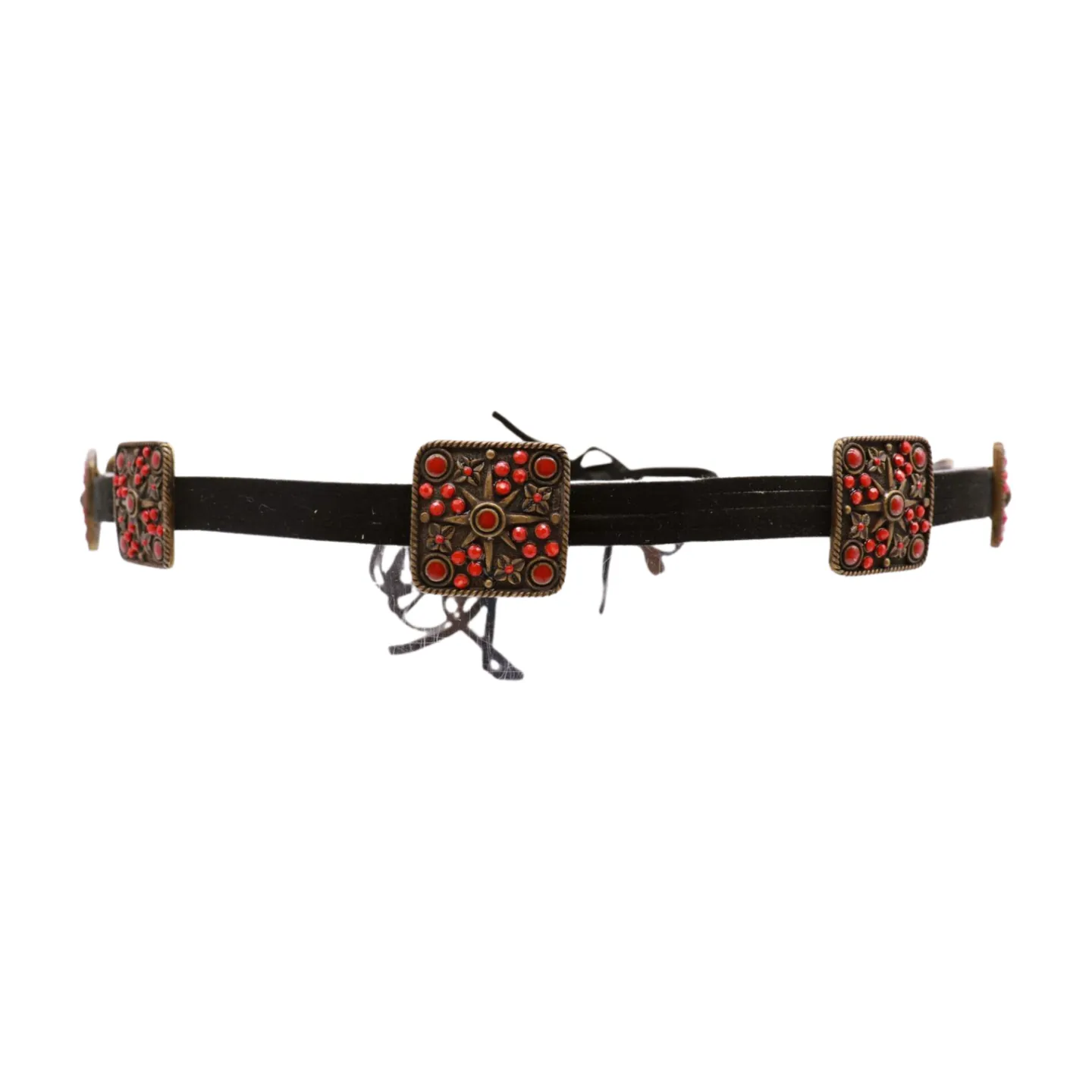 Silver Metal Square Charms Black Tie Belt Red Beads Flower S M