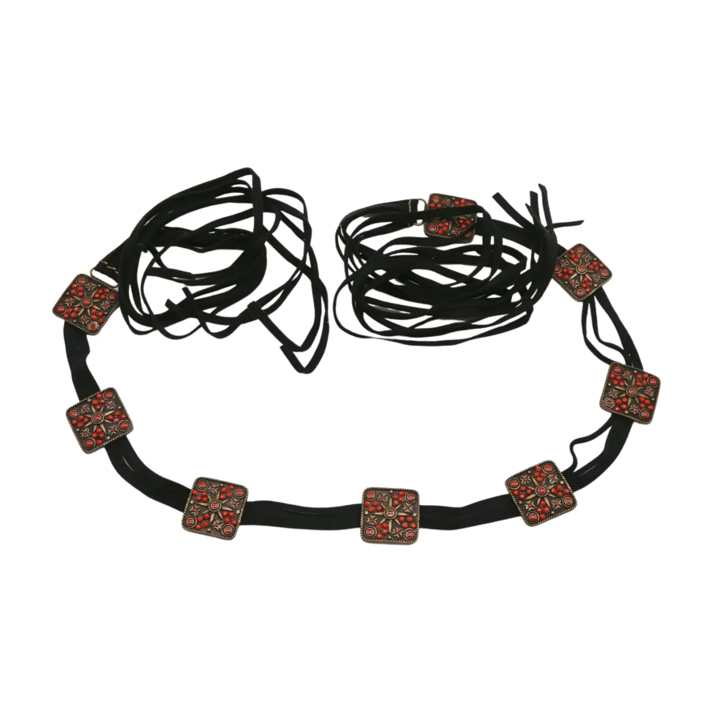 Silver Metal Square Charms Black Tie Belt Red Beads Flower S M