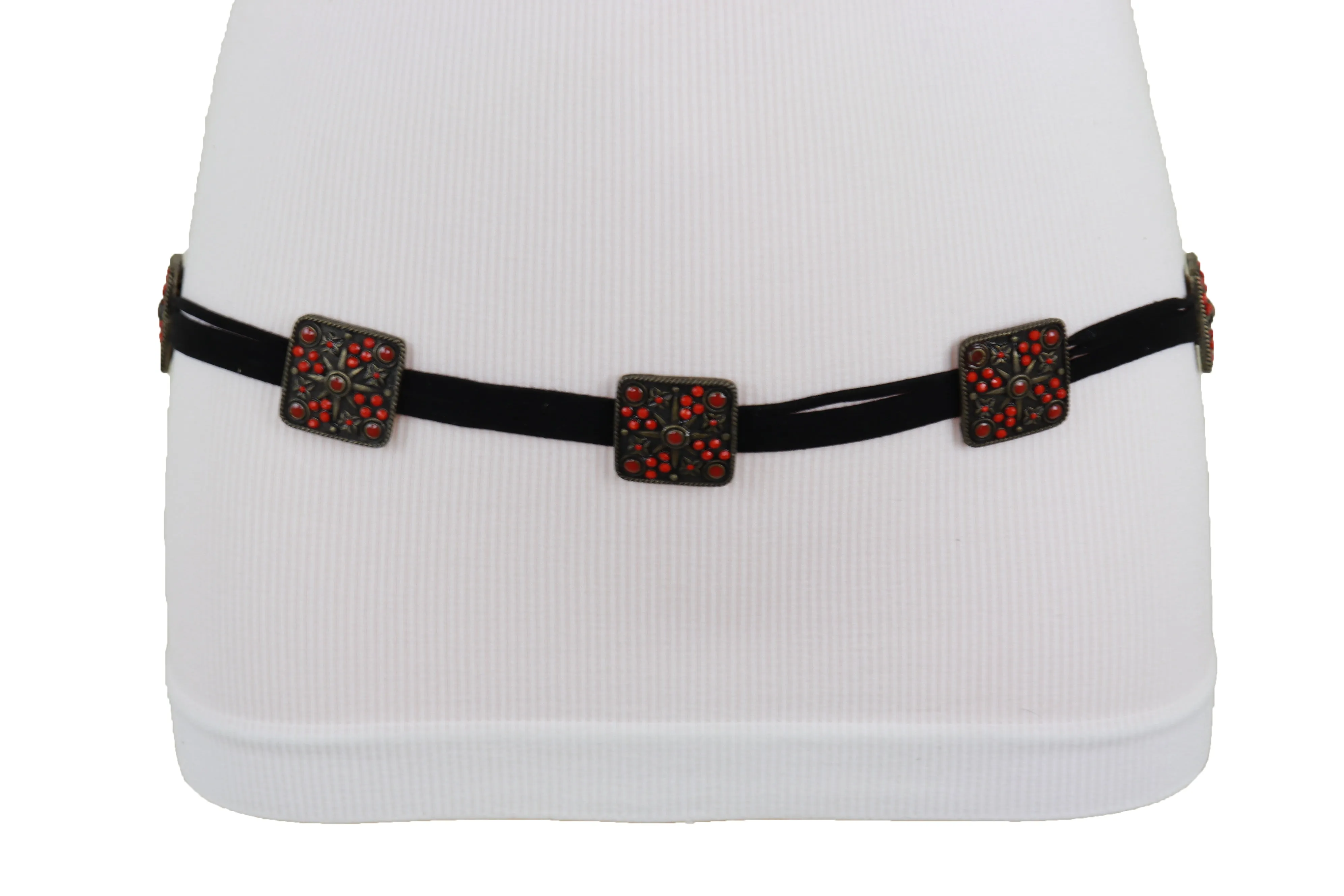 Silver Metal Square Charms Black Tie Belt Red Beads Flower S M