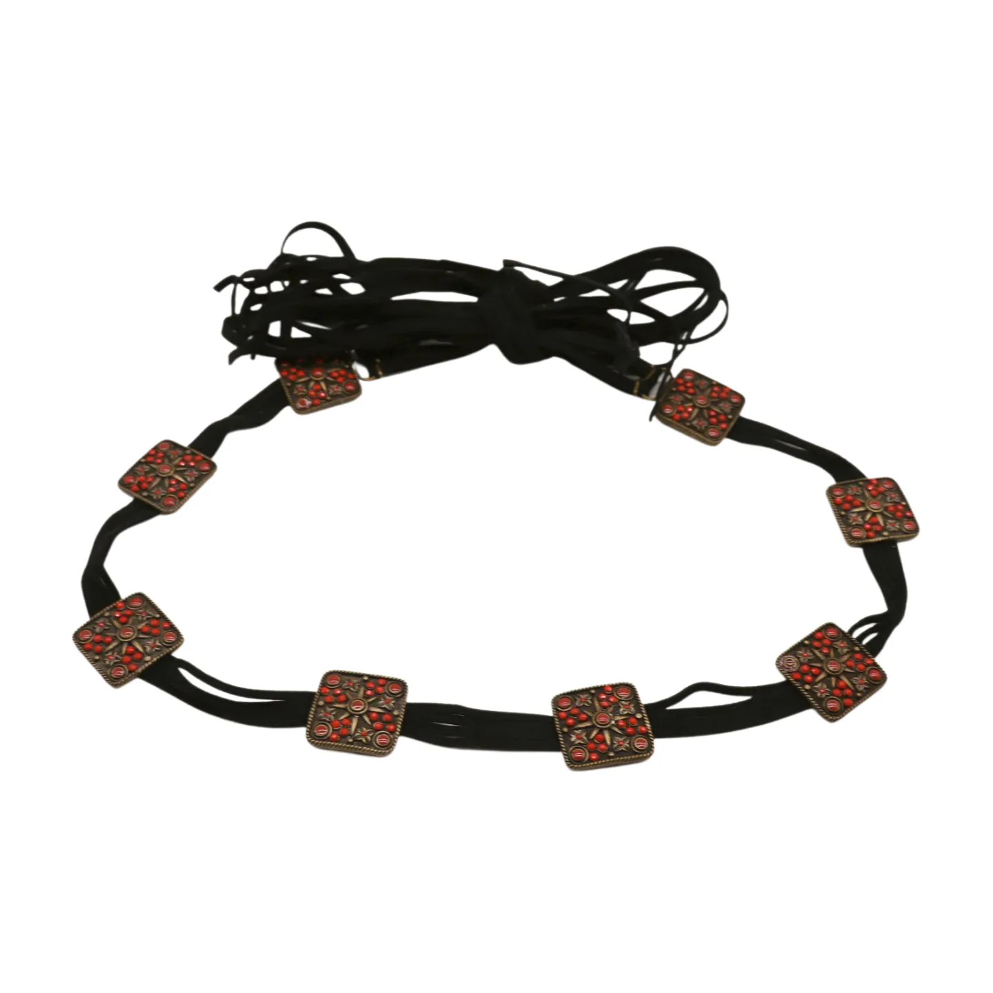 Silver Metal Square Charms Black Tie Belt Red Beads Flower S M