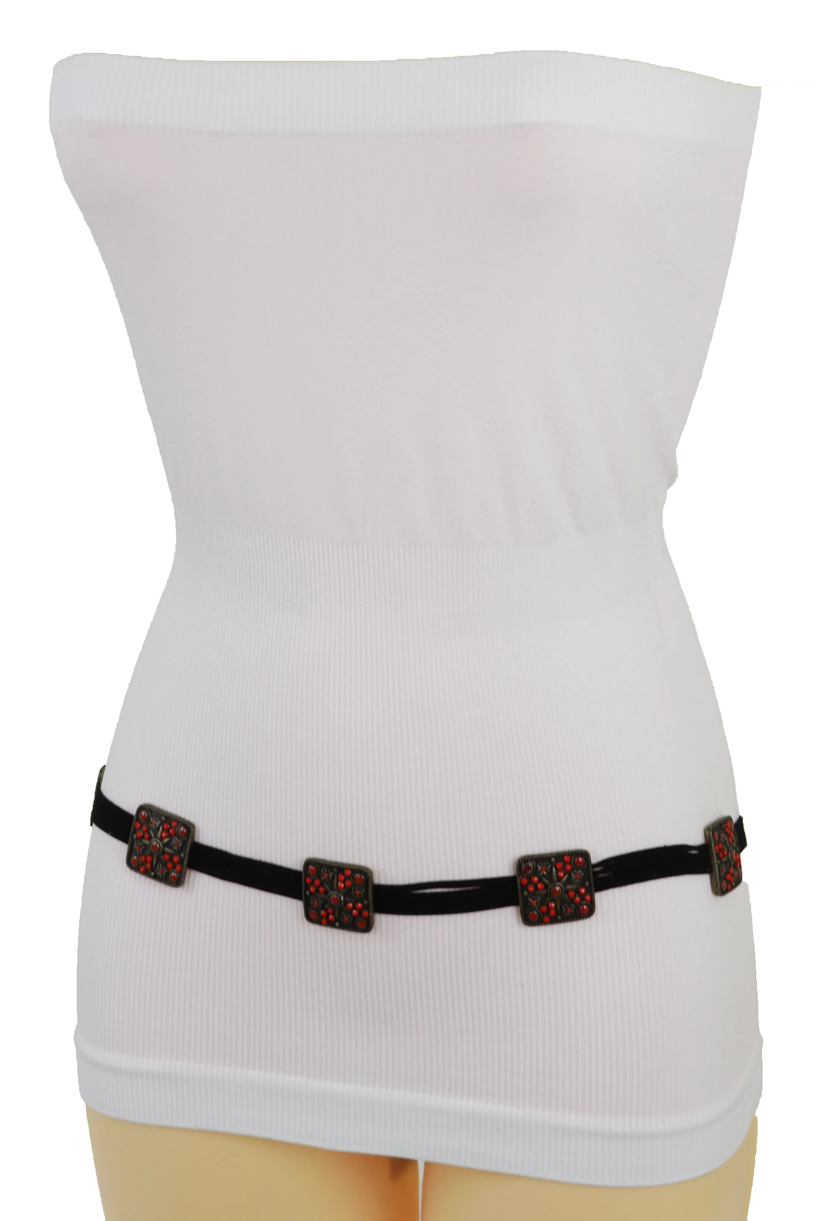 Silver Metal Square Charms Black Tie Belt Red Beads Flower S M