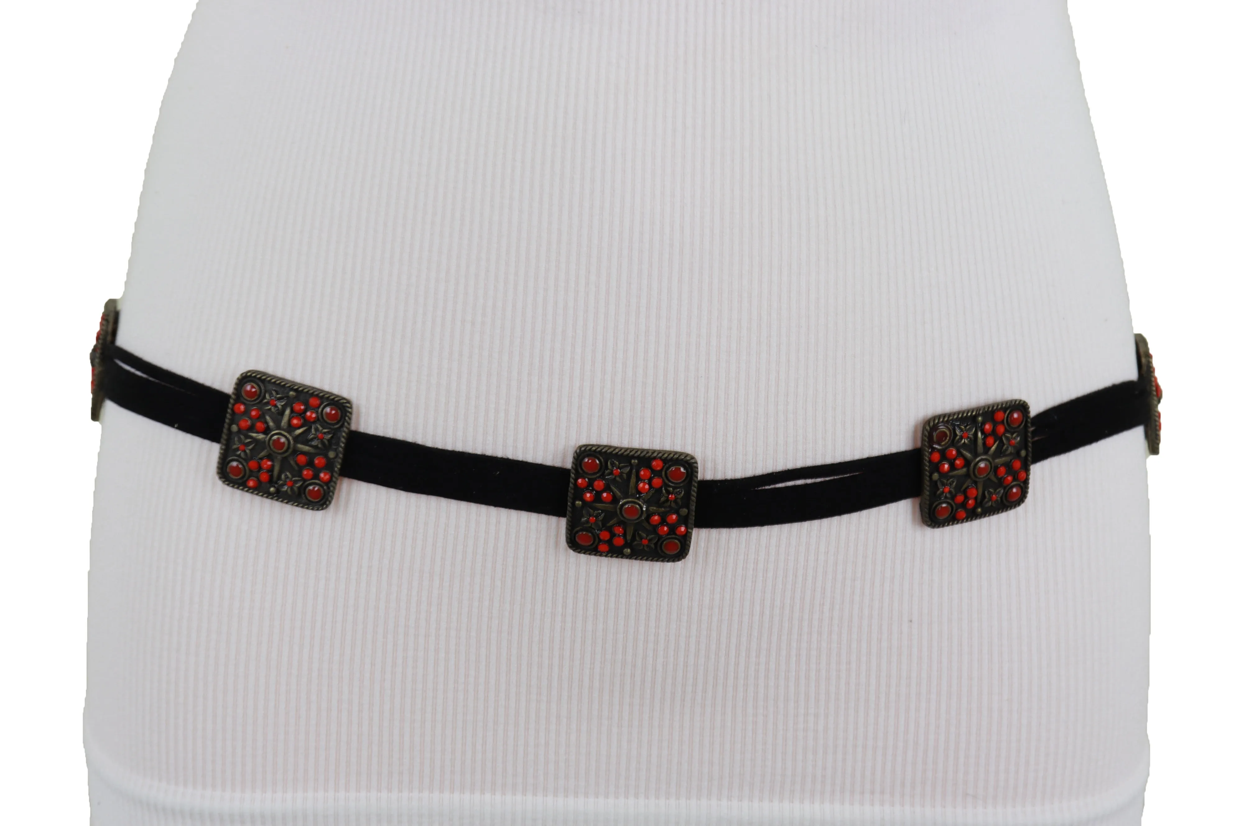 Silver Metal Square Charms Black Tie Belt Red Beads Flower S M