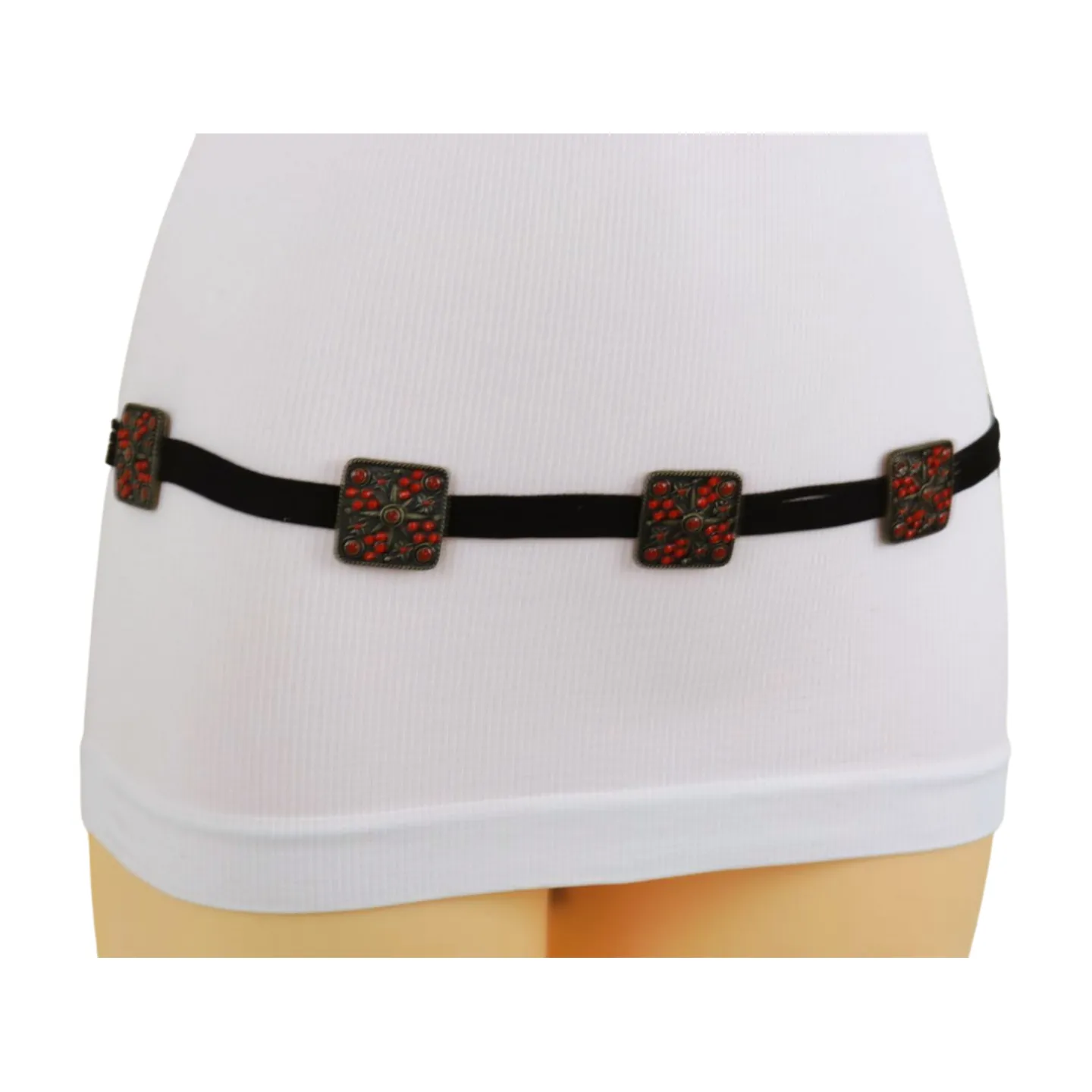 Silver Metal Square Charms Black Tie Belt Red Beads Flower S M
