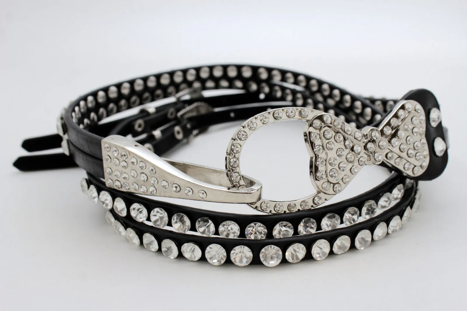 Silver Metal Western Skinny Black Belt Bow Double Bling Buckle