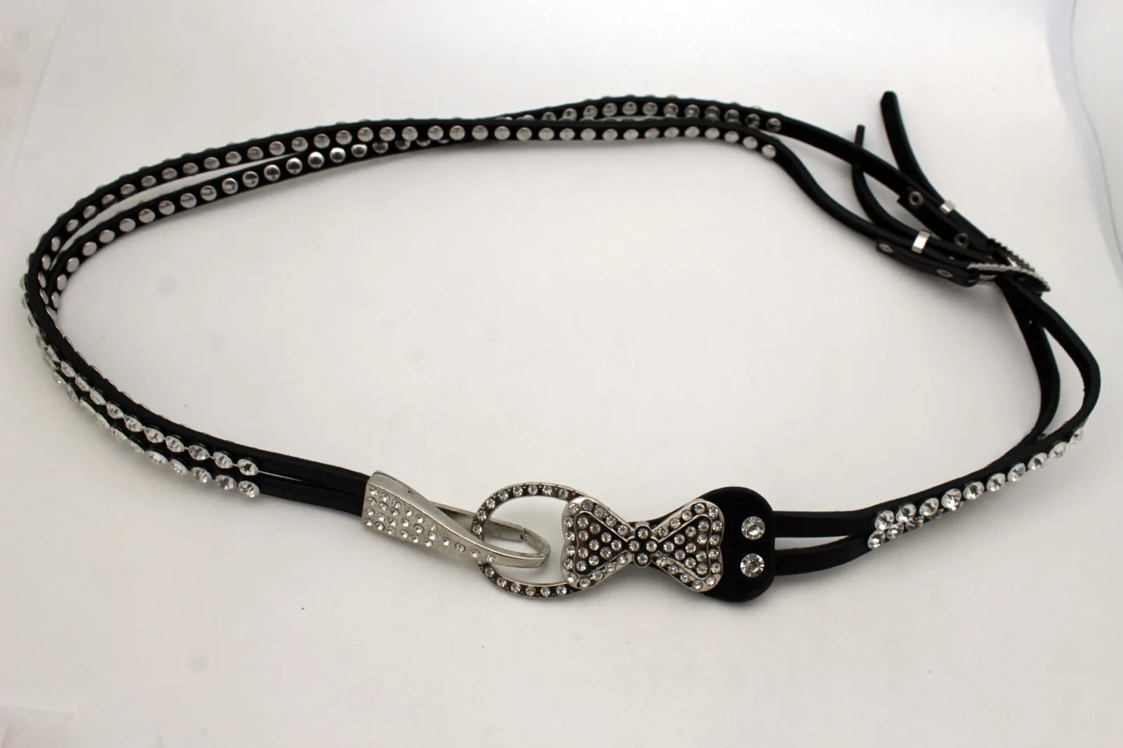 Silver Metal Western Skinny Black Belt Bow Double Bling Buckle