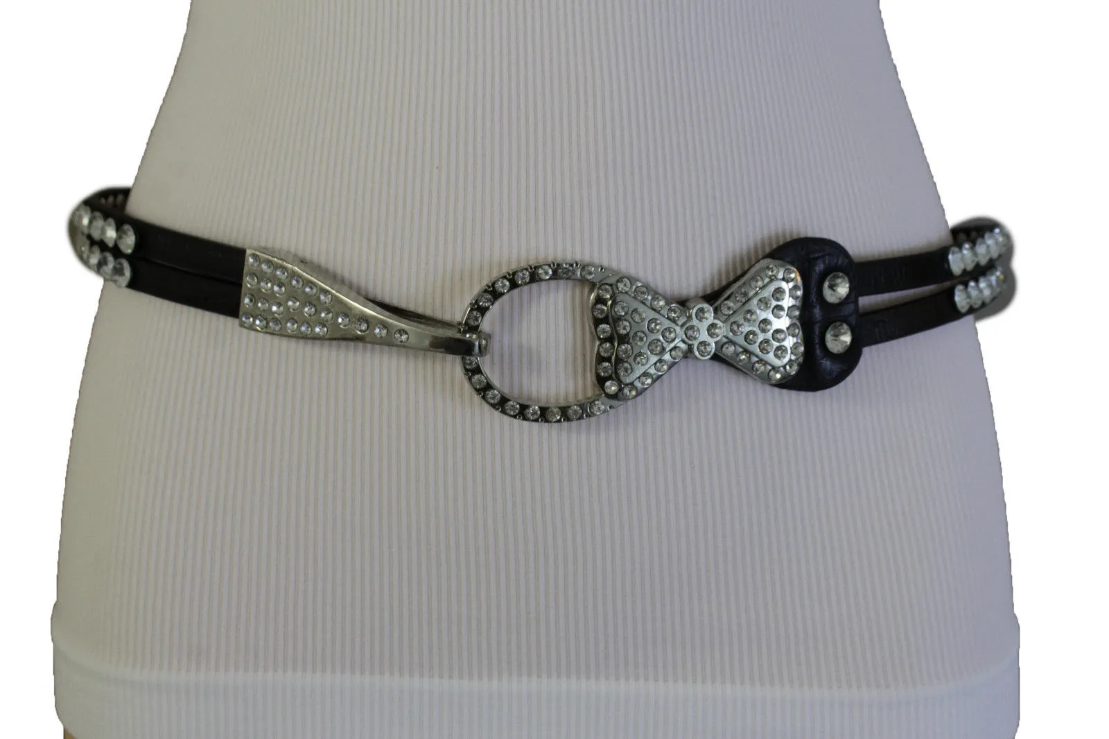 Silver Metal Western Skinny Black Belt Bow Double Bling Buckle