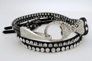 Silver Metal Western Skinny Black Belt Bow Double Bling Buckle