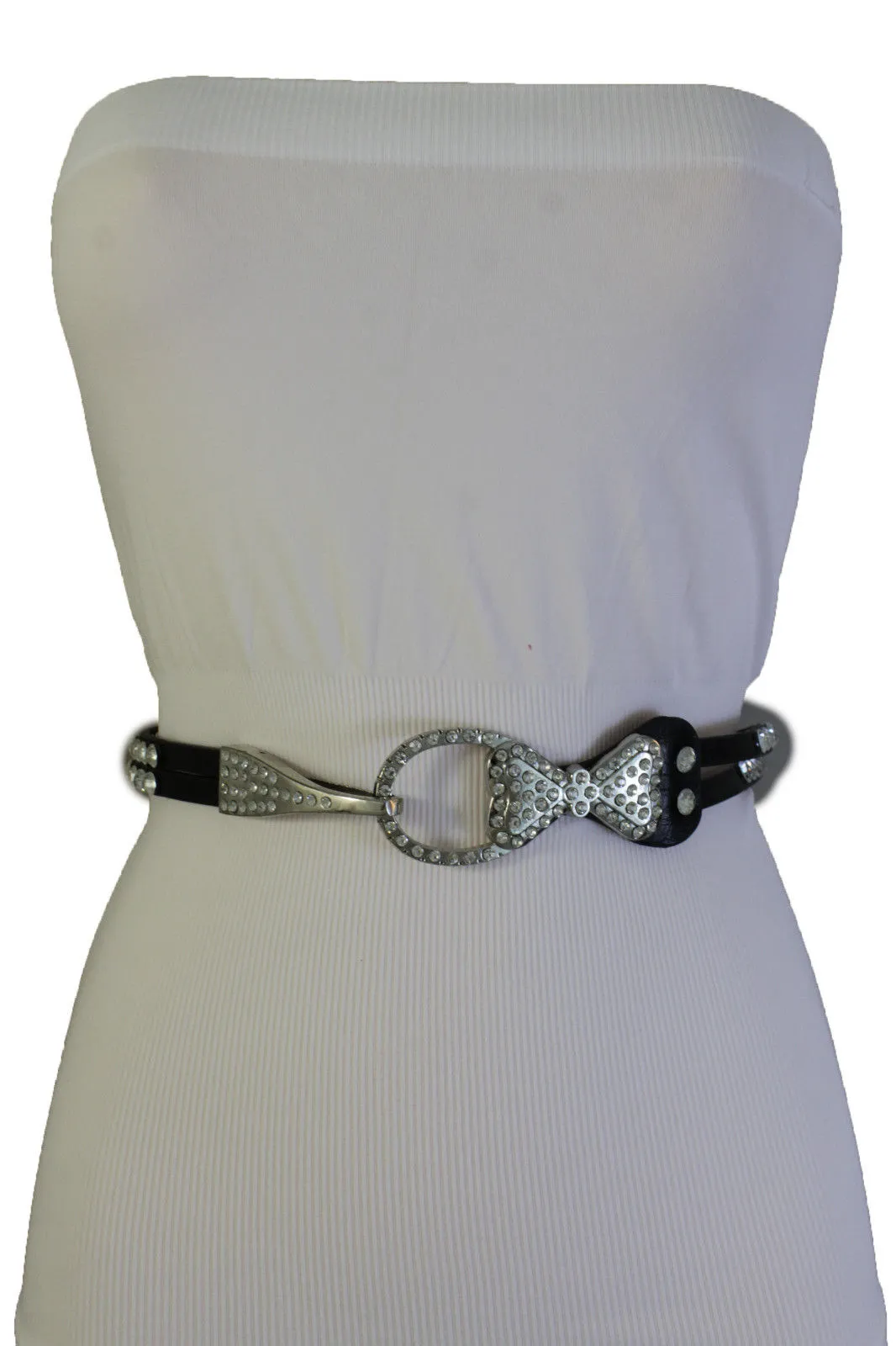 Silver Metal Western Skinny Black Belt Bow Double Bling Buckle