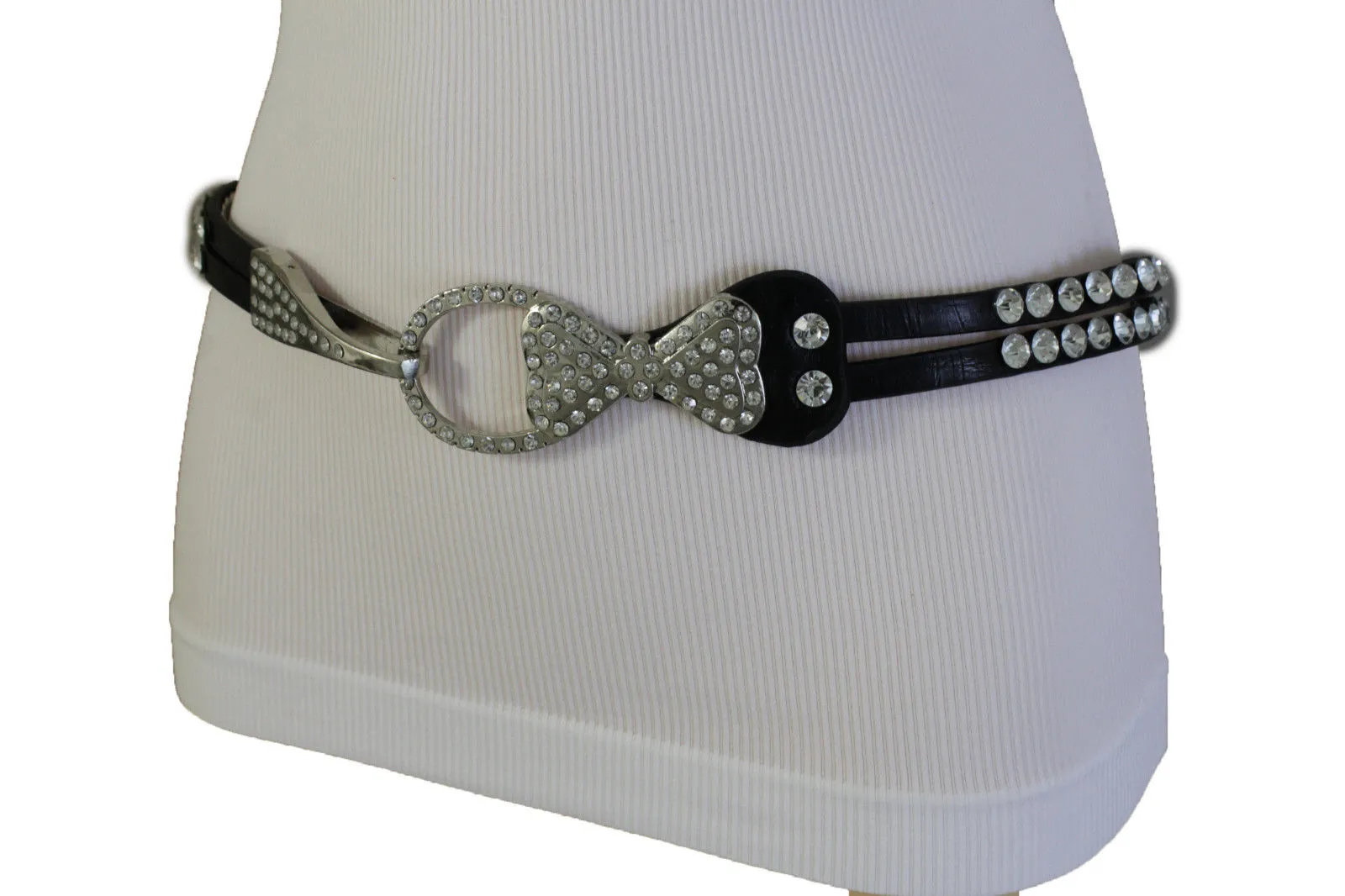 Silver Metal Western Skinny Black Belt Bow Double Bling Buckle