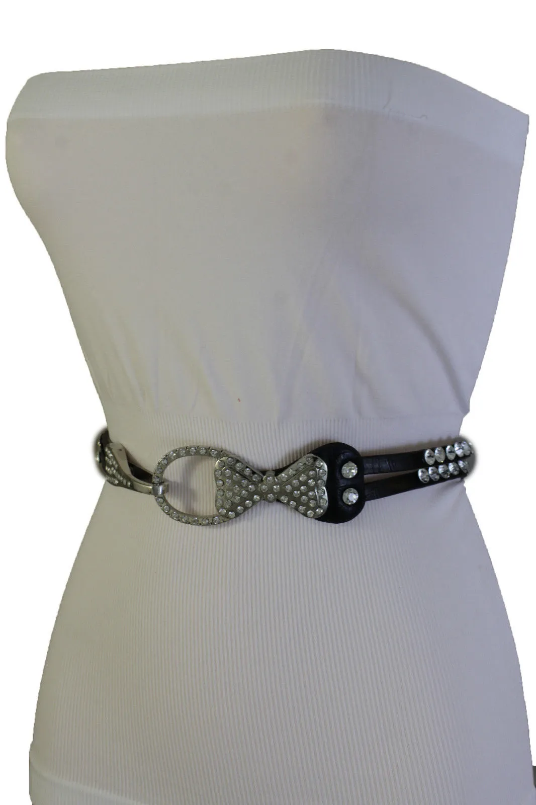 Silver Metal Western Skinny Black Belt Bow Double Bling Buckle