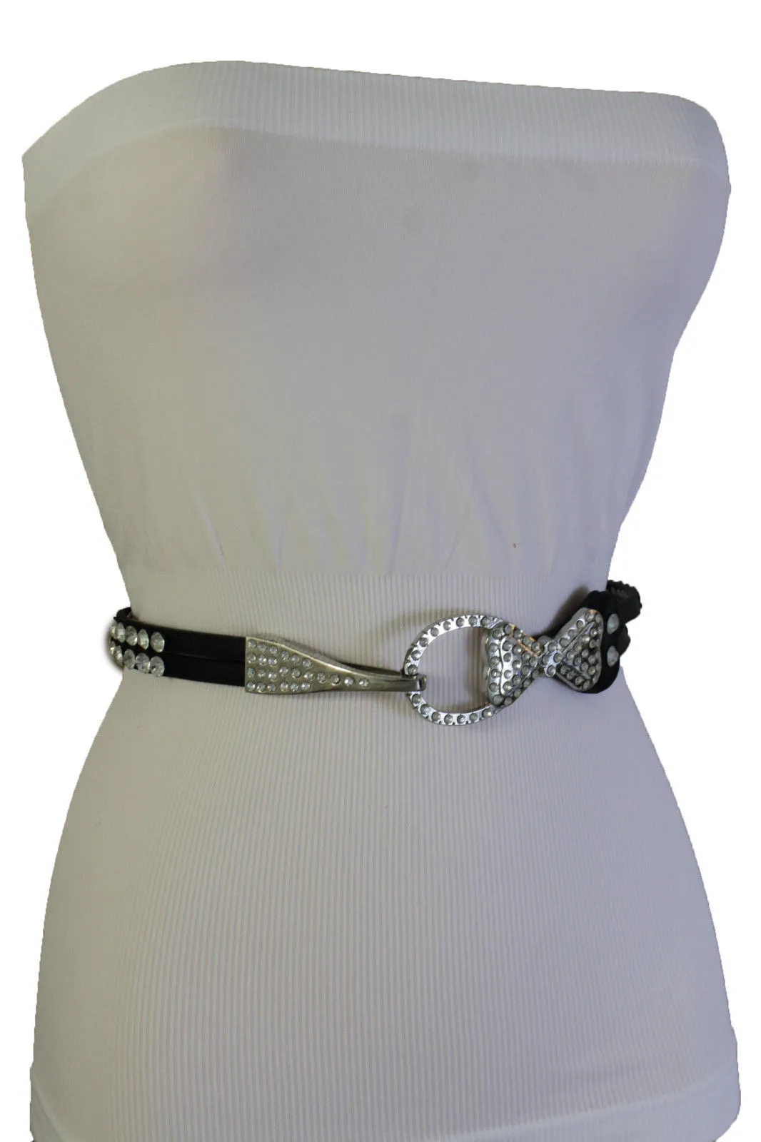 Silver Metal Western Skinny Black Belt Bow Double Bling Buckle
