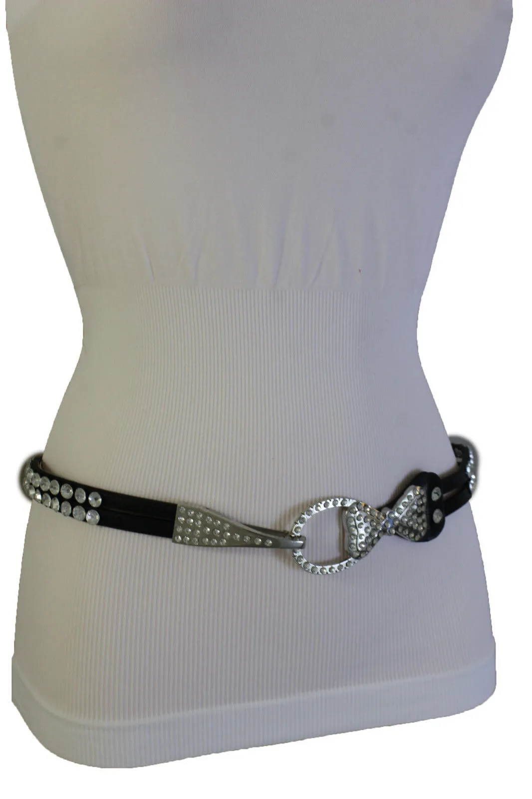 Silver Metal Western Skinny Black Belt Bow Double Bling Buckle