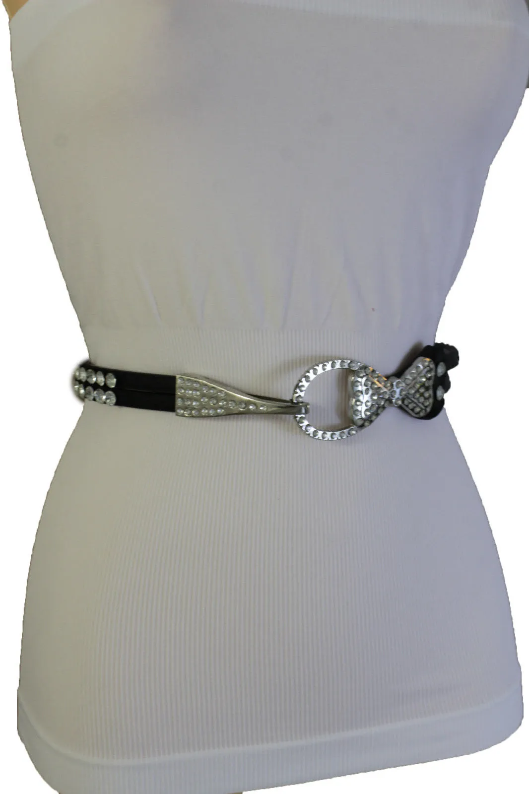 Silver Metal Western Skinny Black Belt Bow Double Bling Buckle