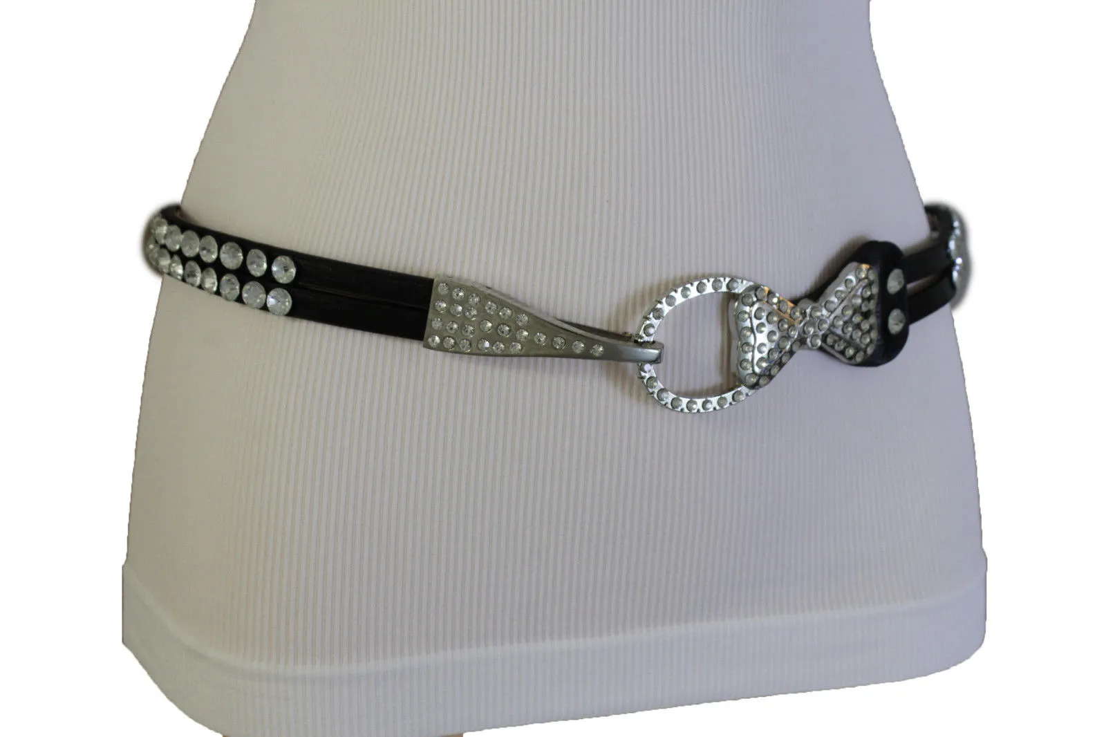 Silver Metal Western Skinny Black Belt Bow Double Bling Buckle