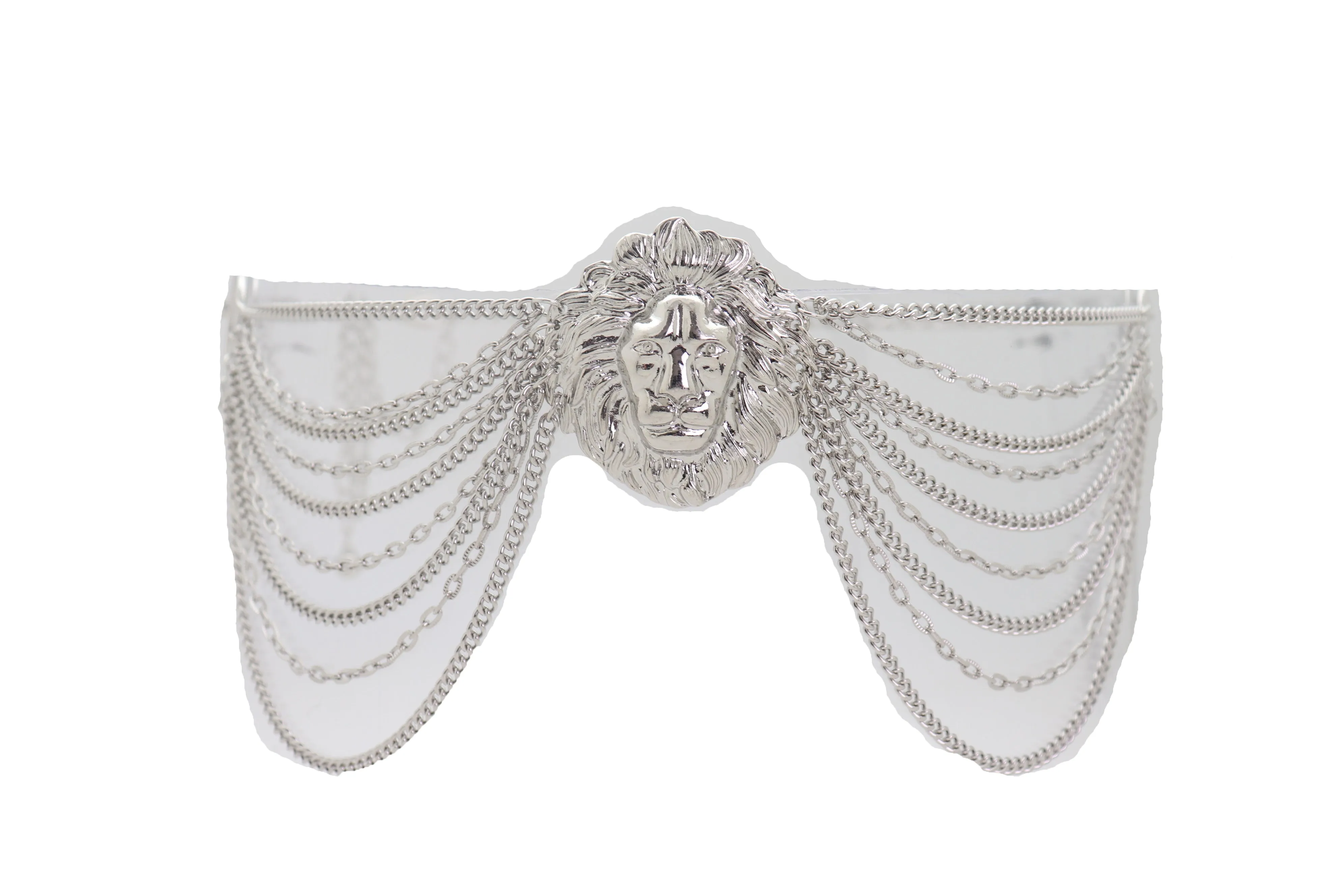 Silver Side Multi Waves Metal Chain Belt with Lion Head Pendant