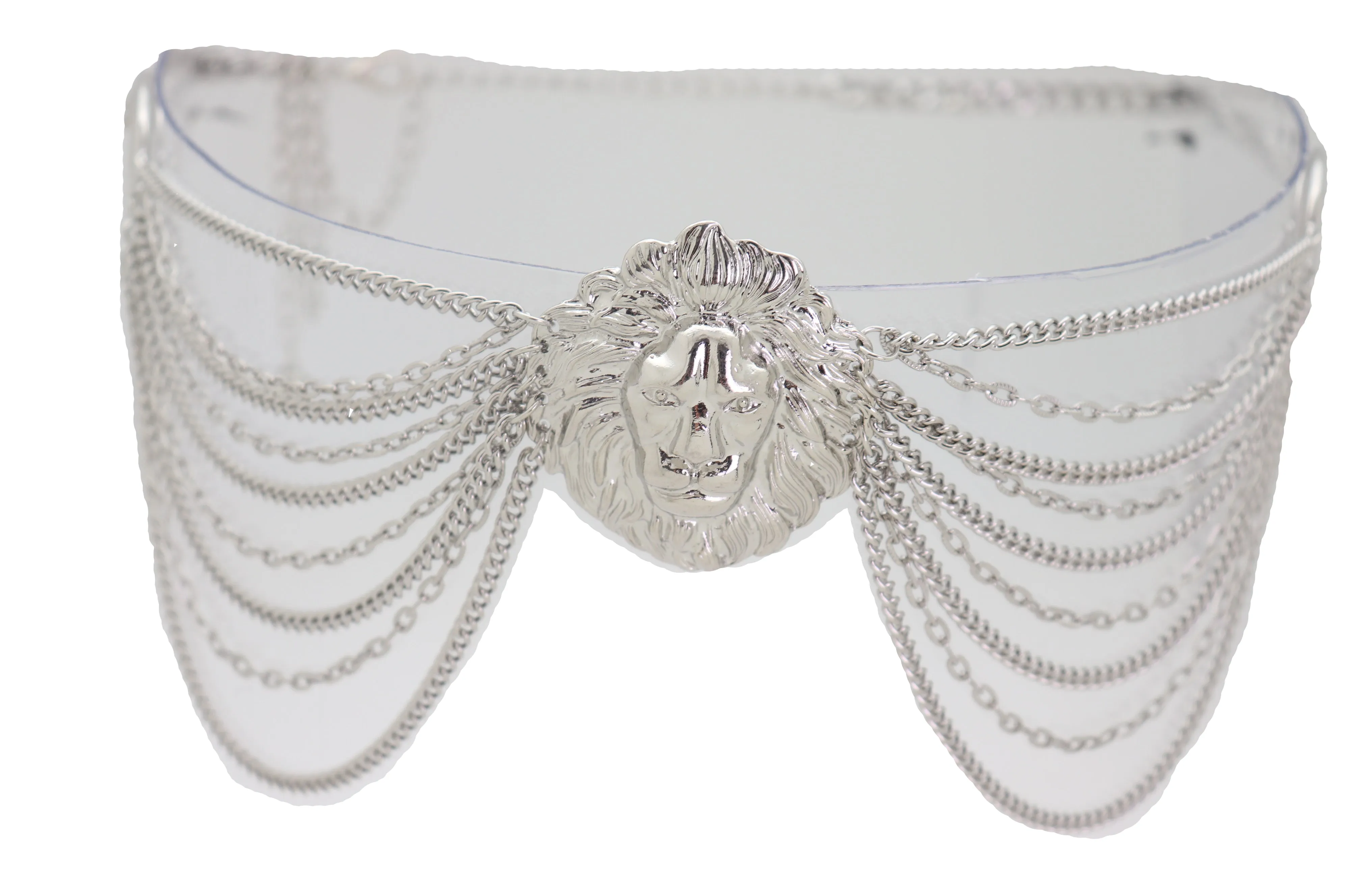 Silver Side Multi Waves Metal Chain Belt with Lion Head Pendant