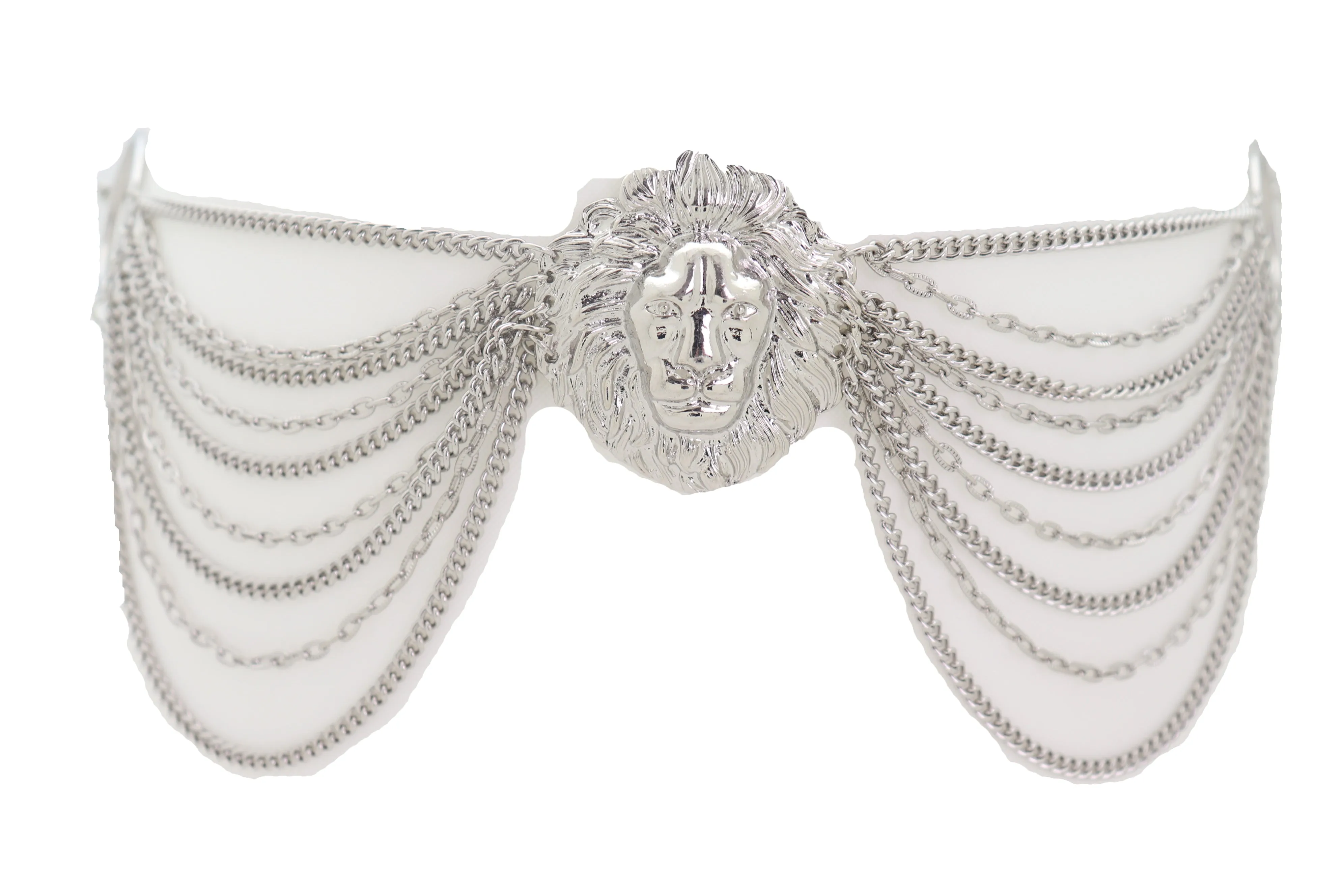 Silver Side Multi Waves Metal Chain Belt with Lion Head Pendant