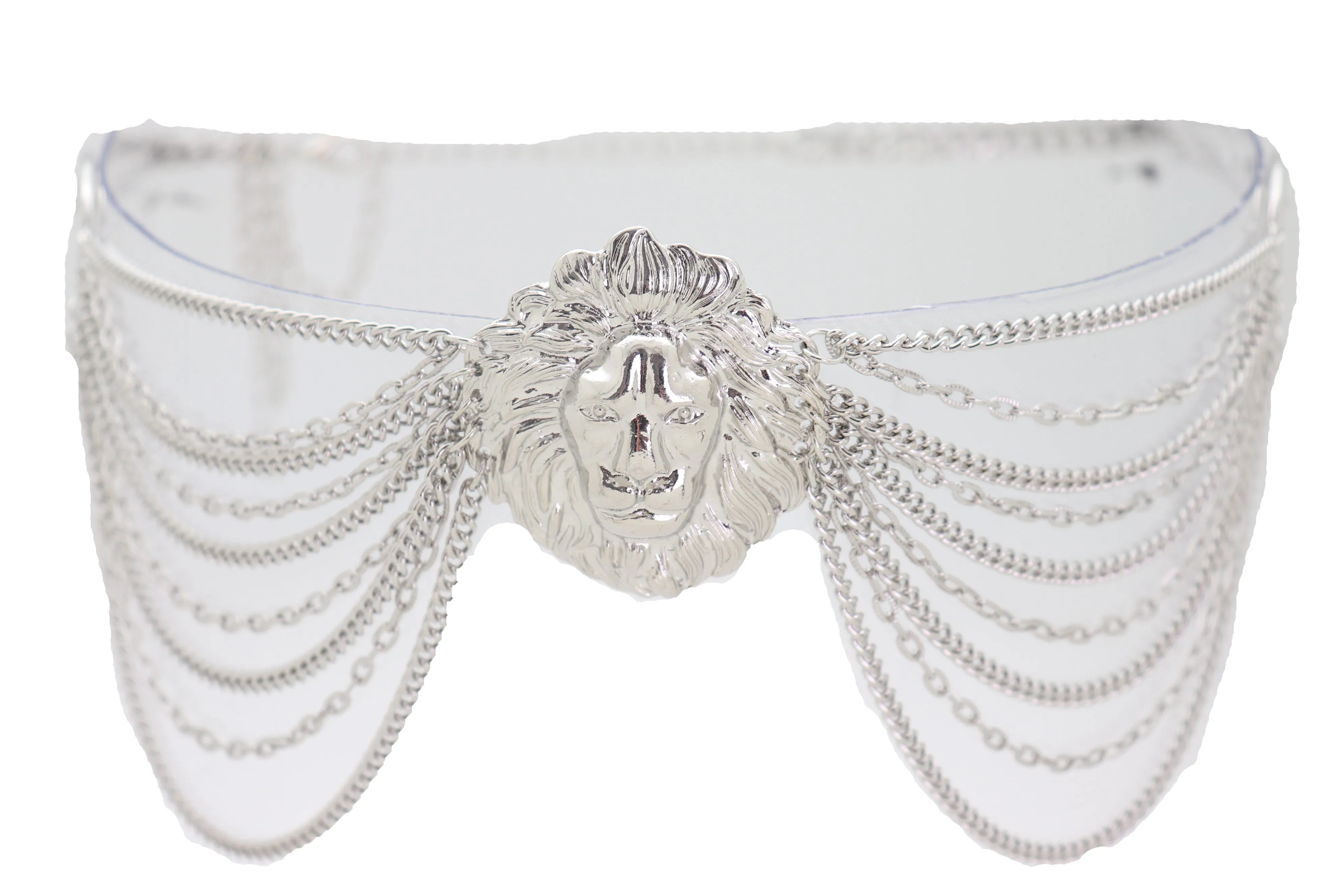 Silver Side Multi Waves Metal Chain Belt with Lion Head Pendant