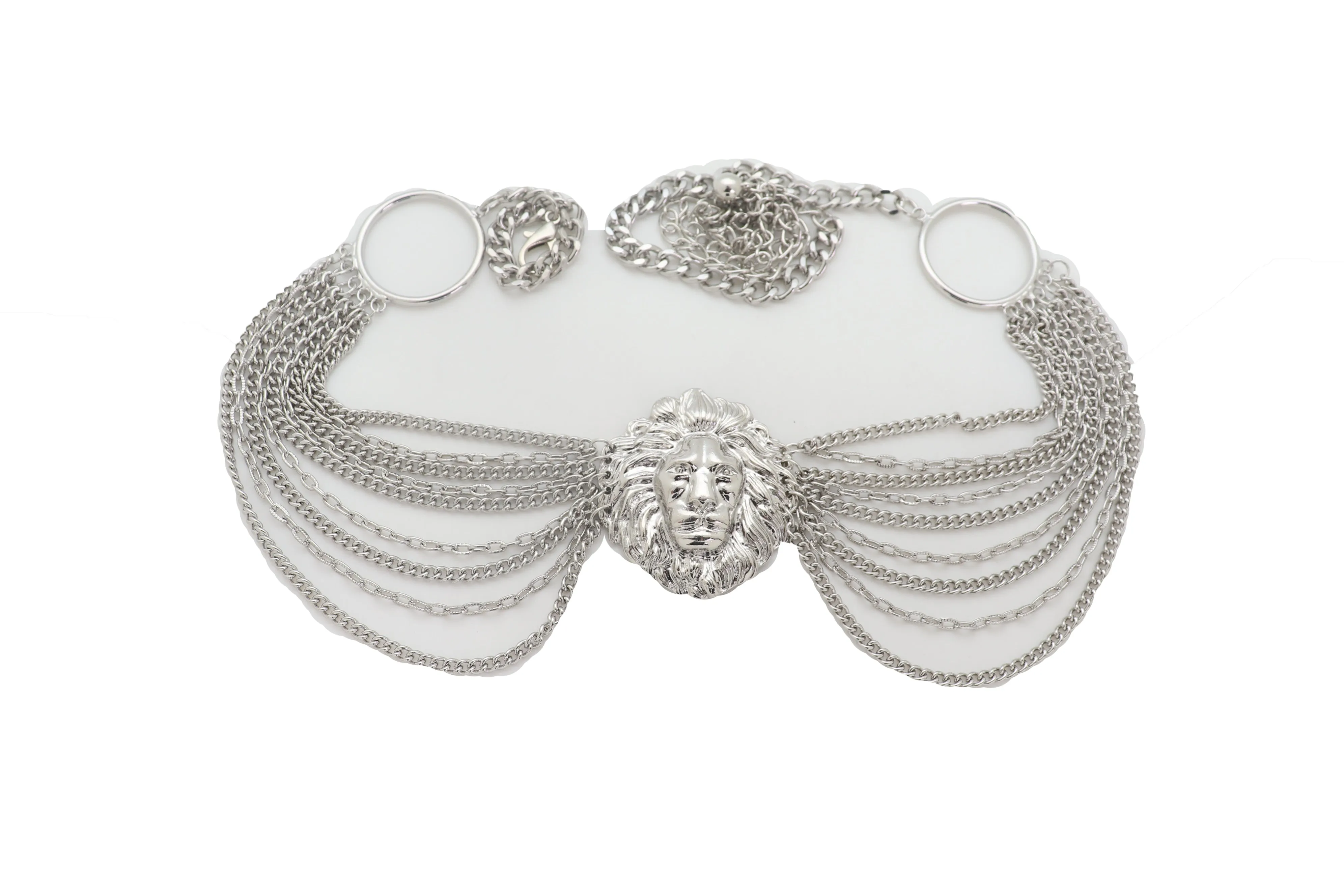 Silver Side Multi Waves Metal Chain Belt with Lion Head Pendant