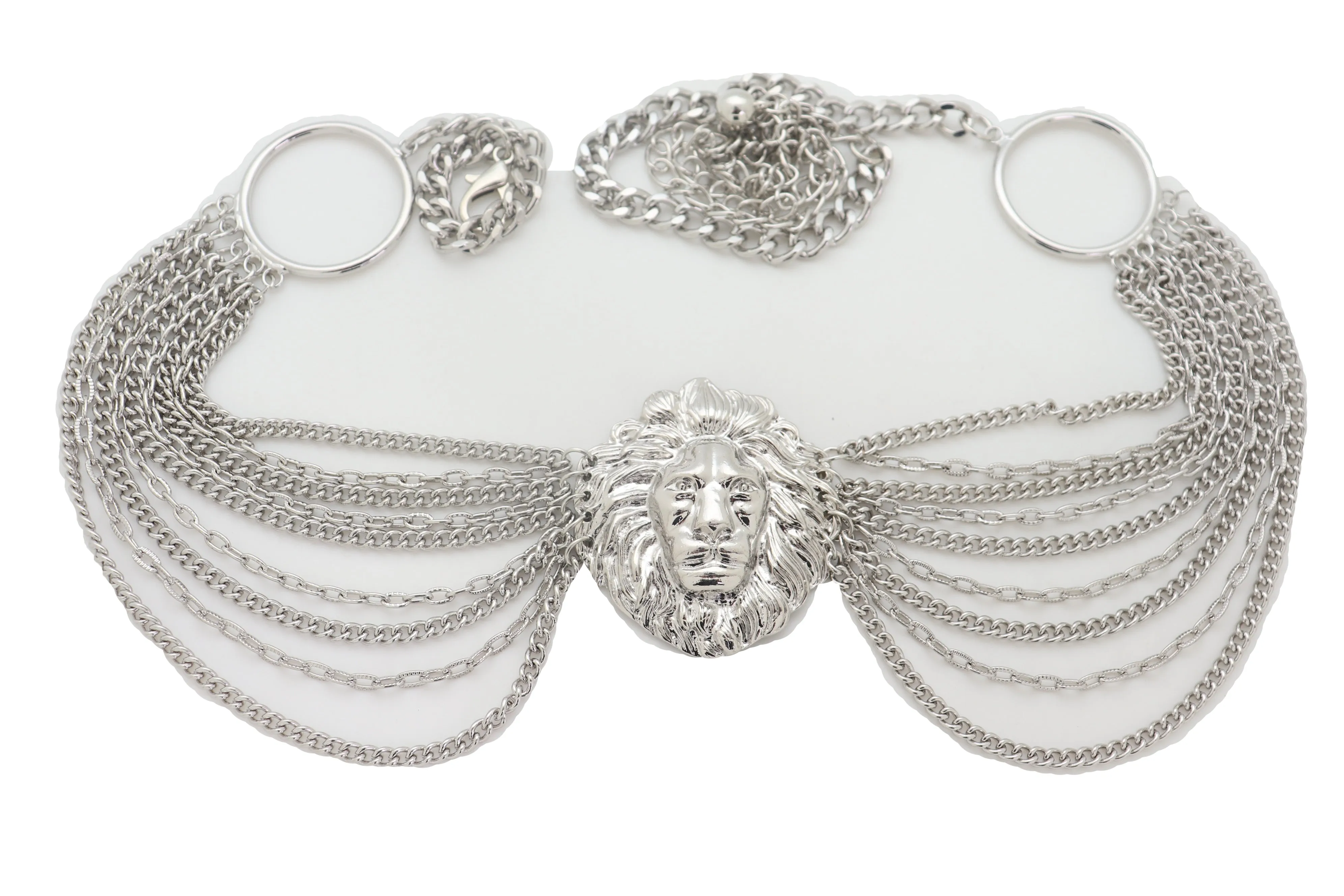 Silver Side Multi Waves Metal Chain Belt with Lion Head Pendant