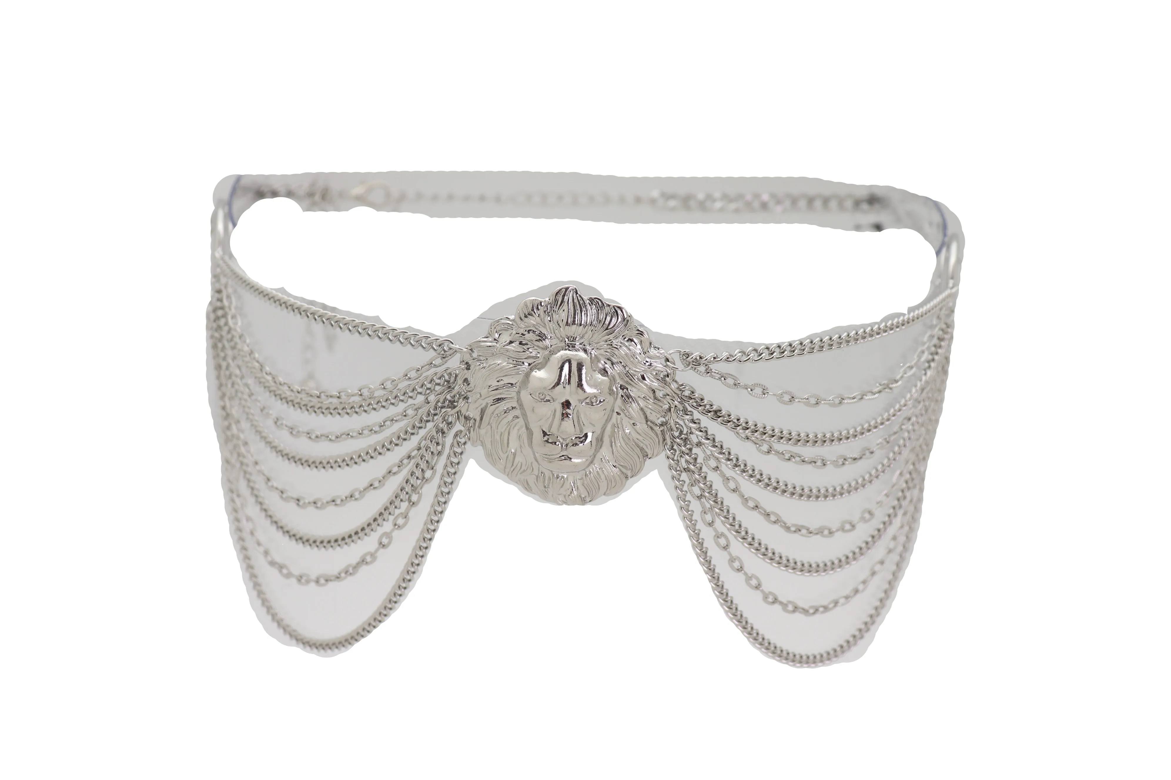 Silver Side Multi Waves Metal Chain Belt with Lion Head Pendant