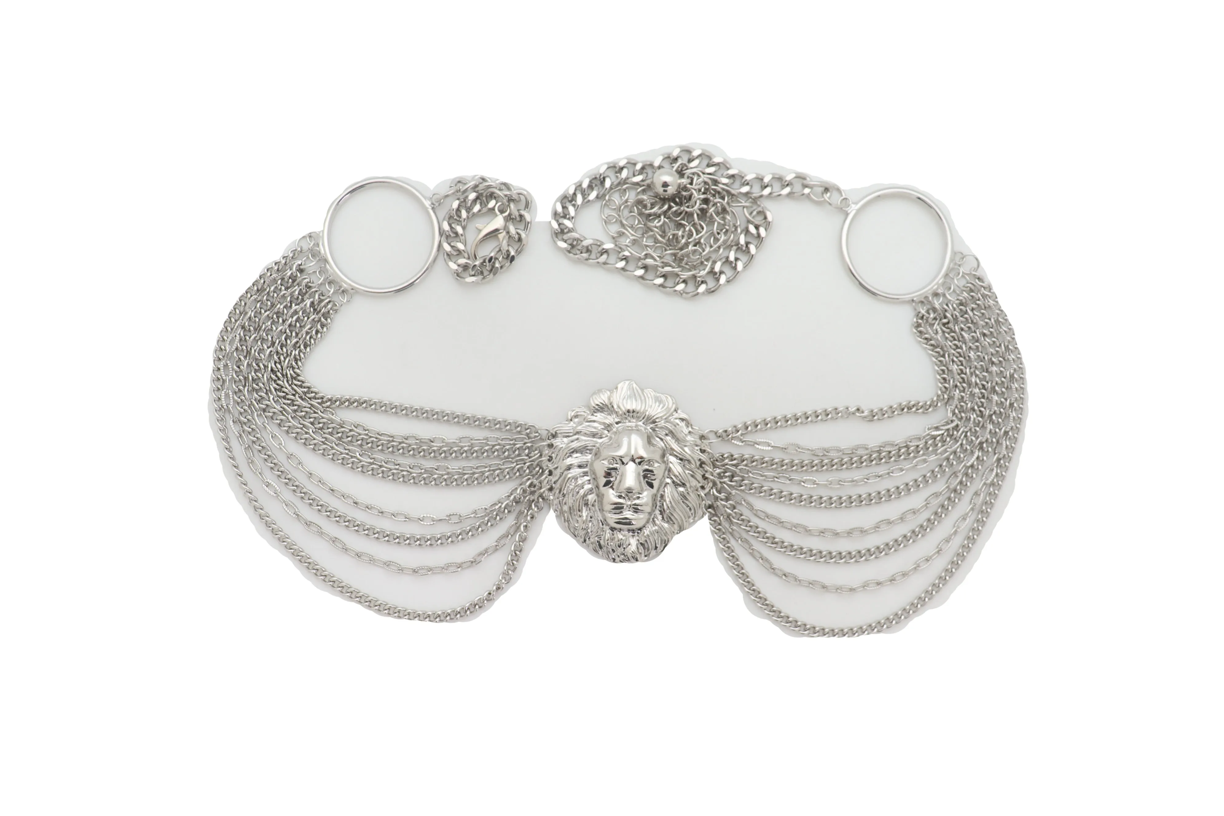 Silver Side Multi Waves Metal Chain Belt with Lion Head Pendant