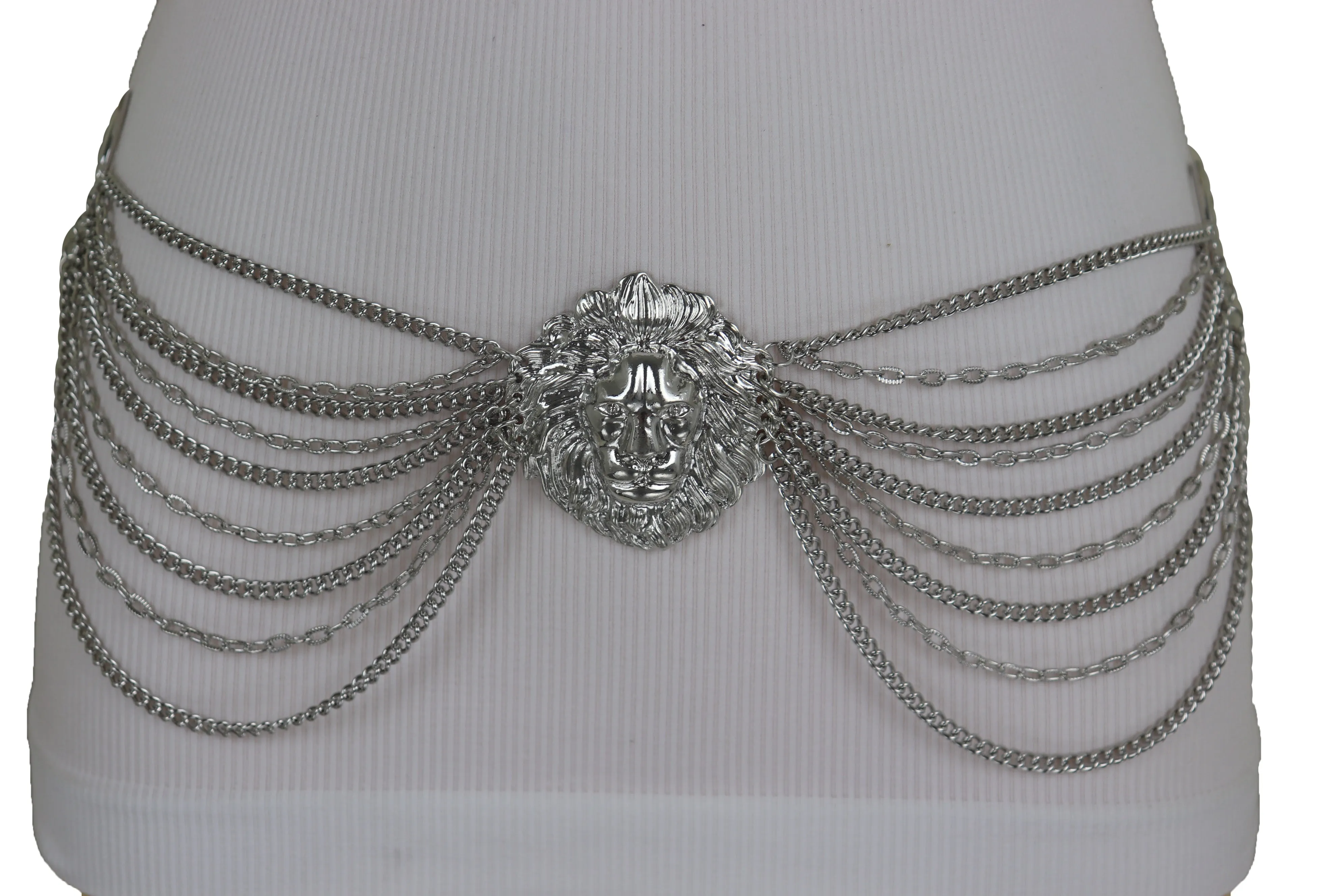 Silver Side Multi Waves Metal Chain Belt with Lion Head Pendant