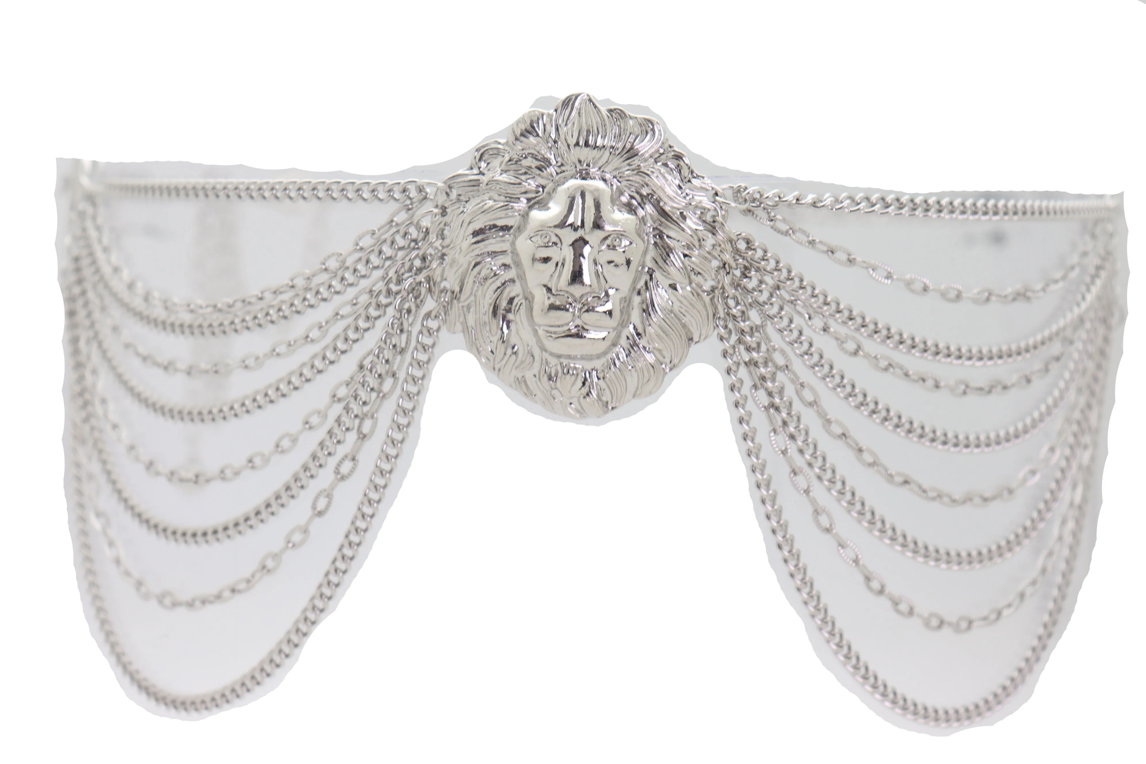 Silver Side Multi Waves Metal Chain Belt with Lion Head Pendant