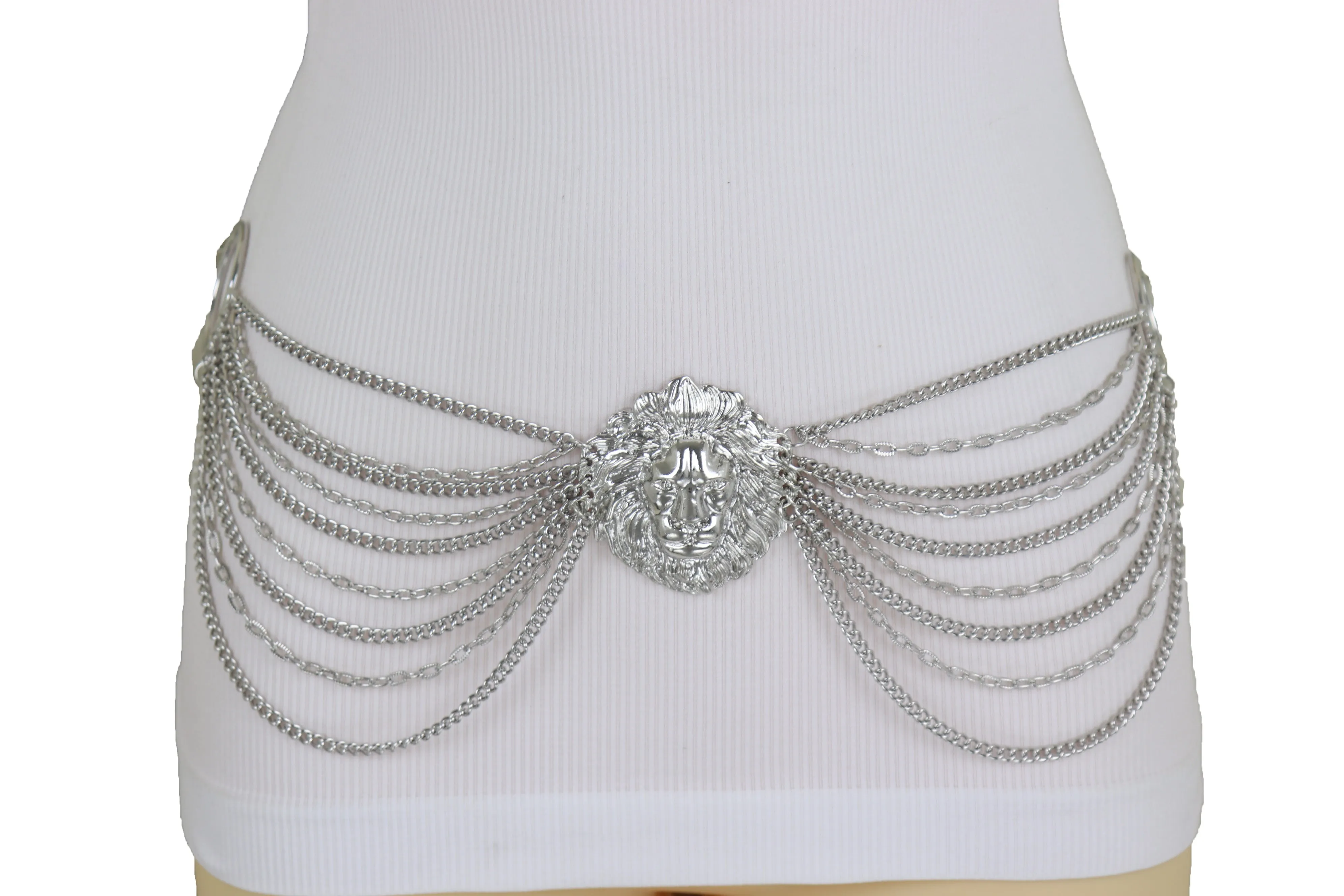 Silver Side Multi Waves Metal Chain Belt with Lion Head Pendant