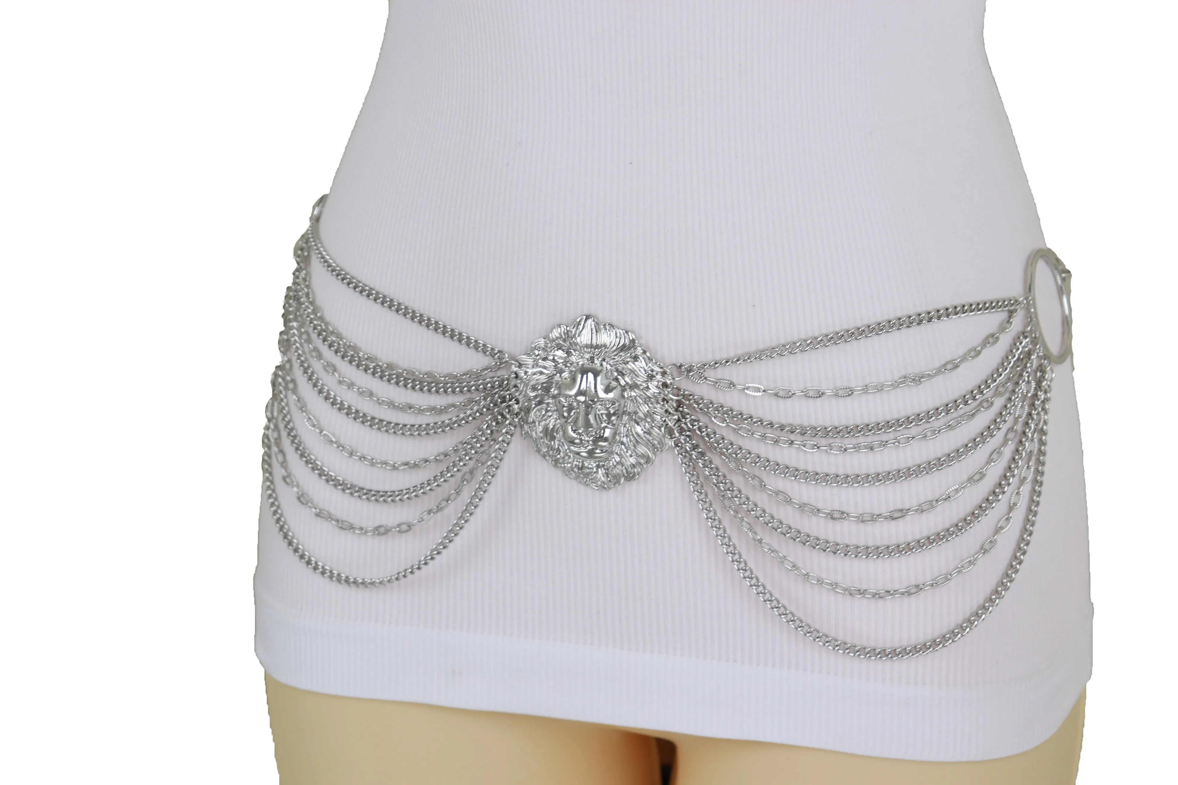 Silver Side Multi Waves Metal Chain Belt with Lion Head Pendant