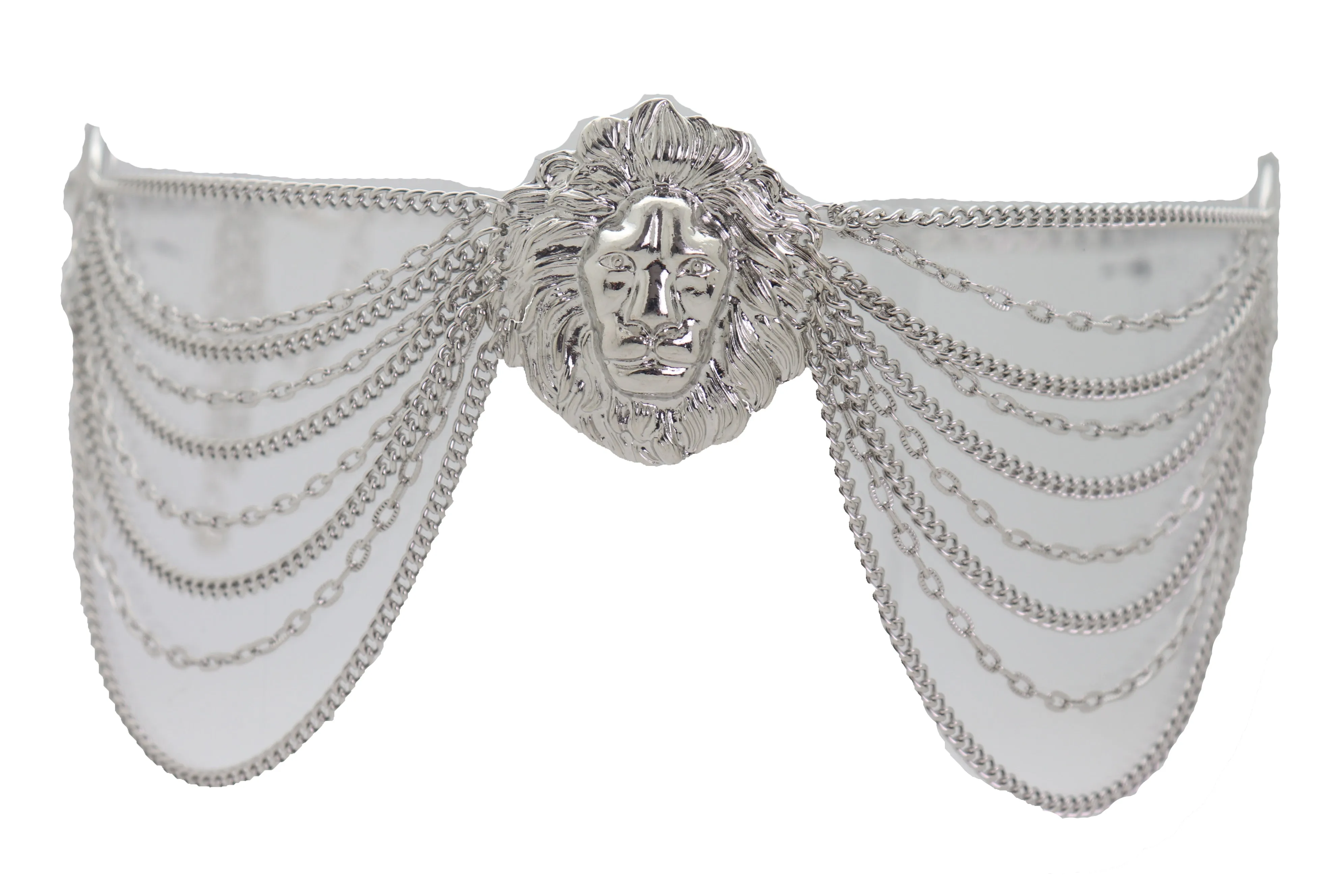Silver Side Multi Waves Metal Chain Belt with Lion Head Pendant